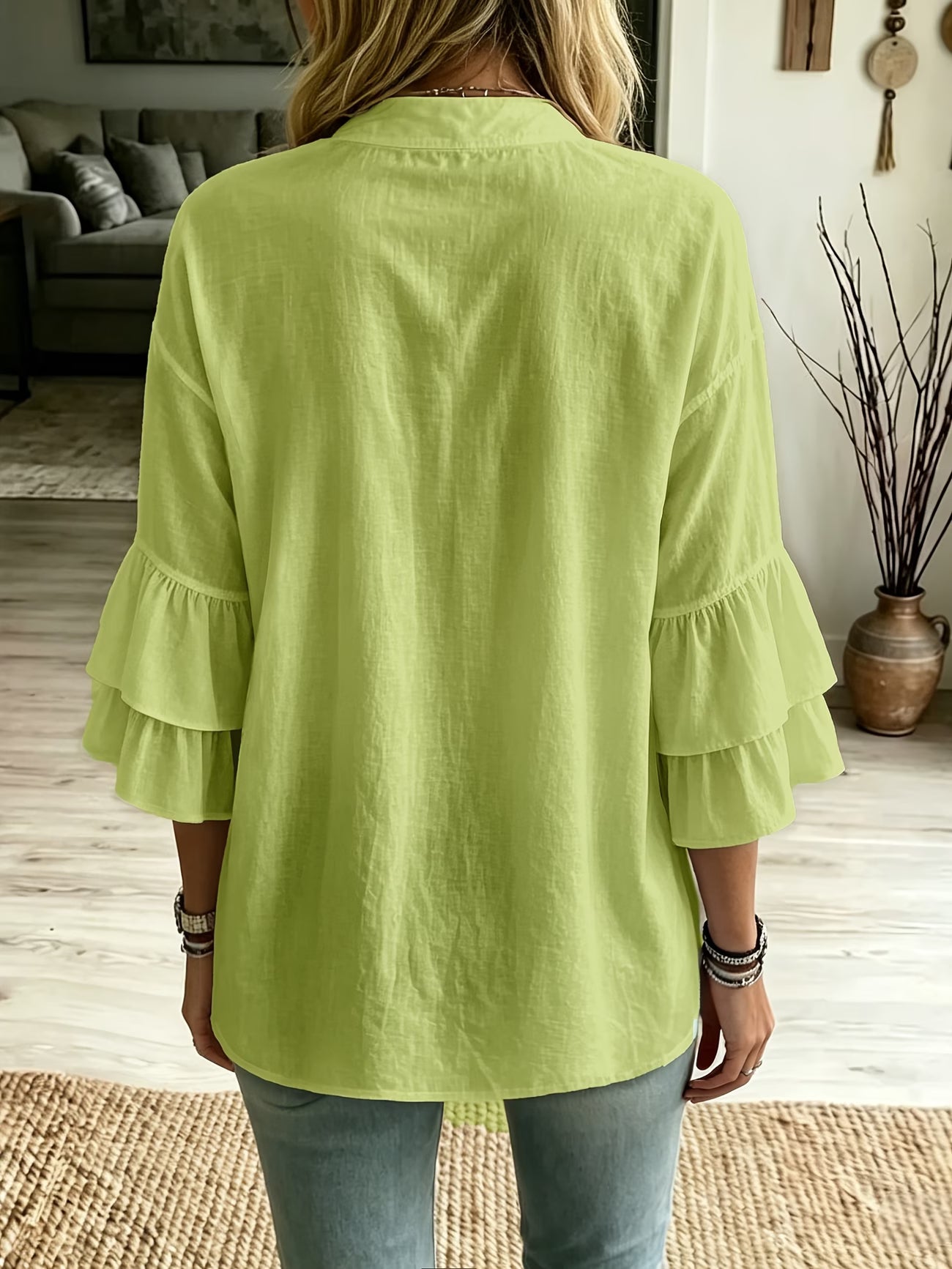 Ruffle Trim Three-Quarter Sleeve Shirt — Contrast Button Detail