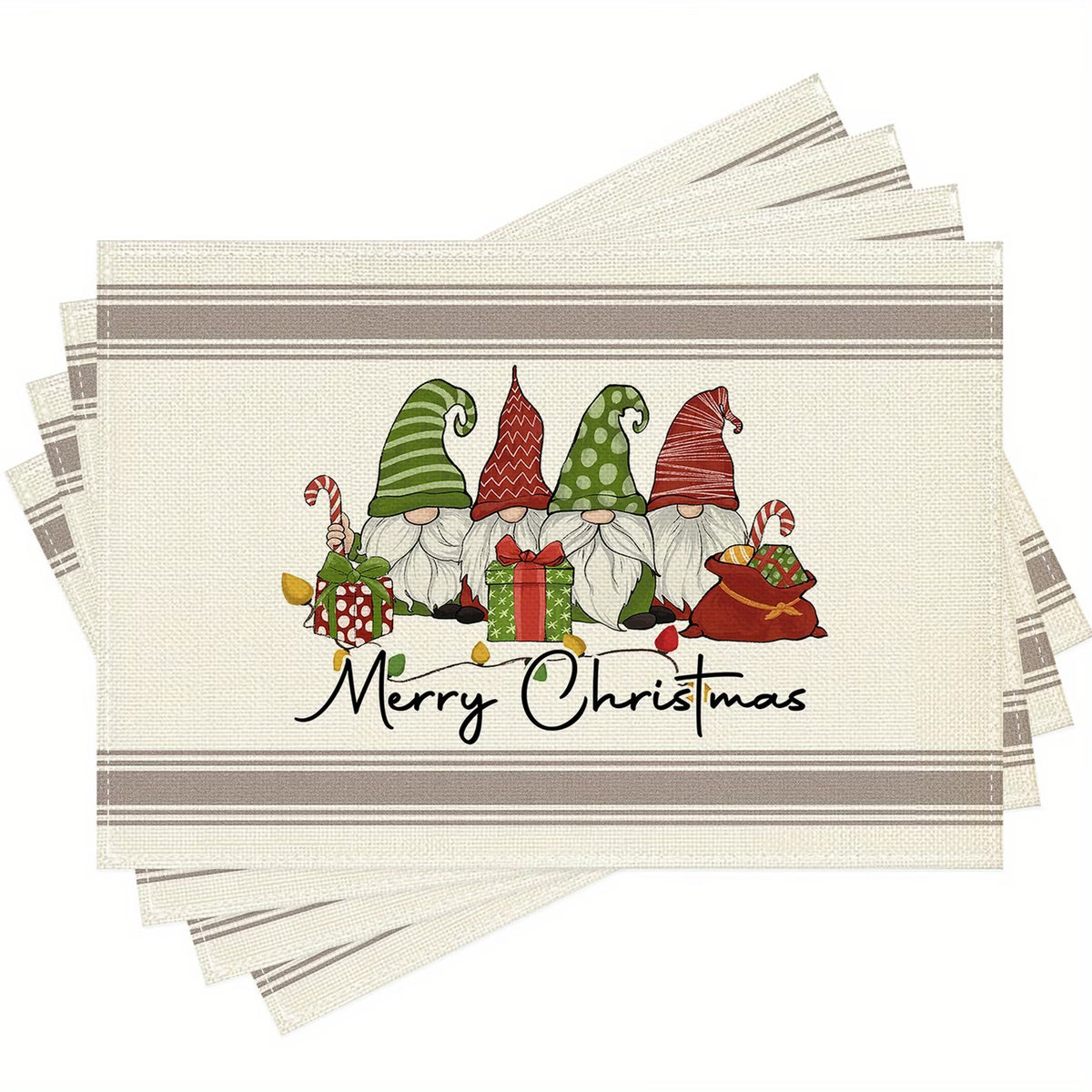 Christmas Table Mats – Set of 6 | Gnome, Candy Cane & Merry Christmas Placemats (30×45cm)