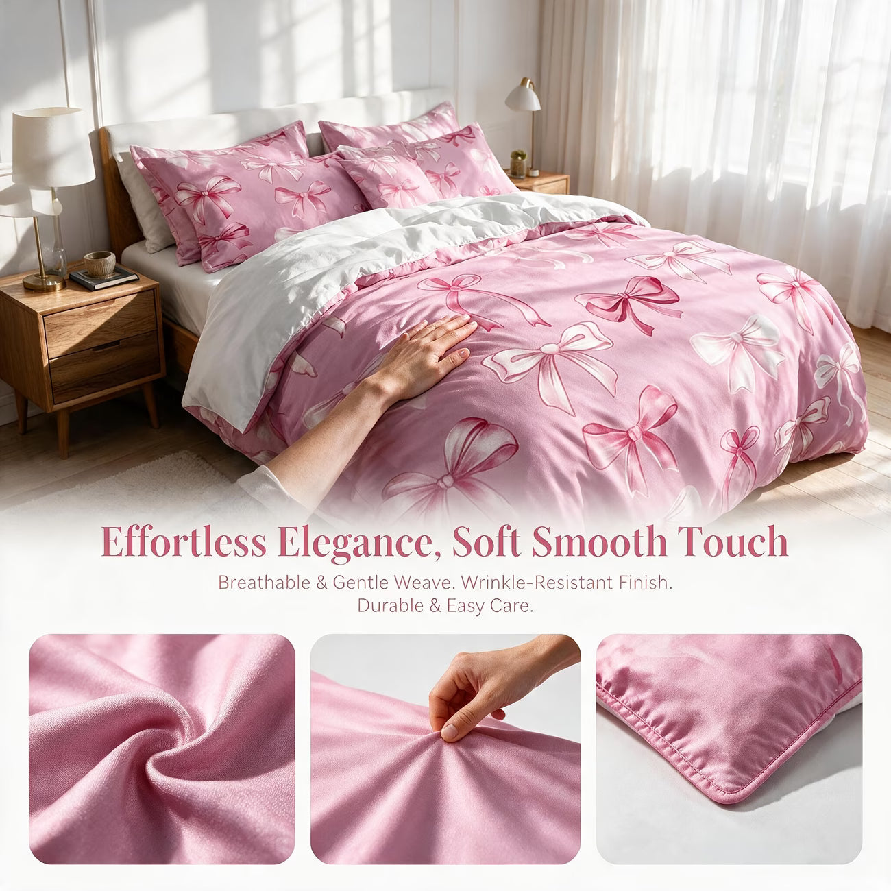 Bow Print Duvet Cover Set – 3pcs, Double-Sided Design, Solid White Reverse (Filling Not Included)