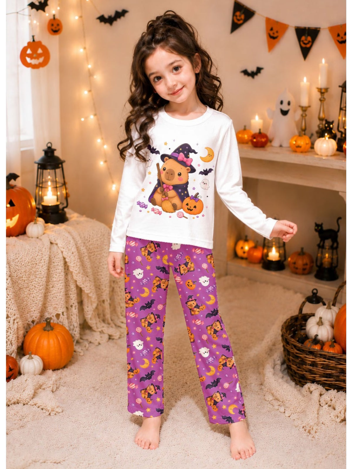 Girls’ Halloween Capybara Print Long-Sleeve Pyjama Set