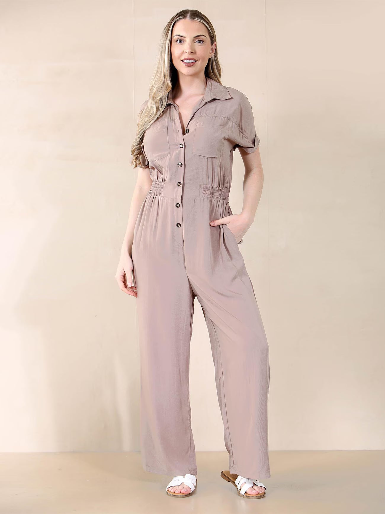 Button Ruched Thin Waist Pocket Short Sleeve Jumpsuit,