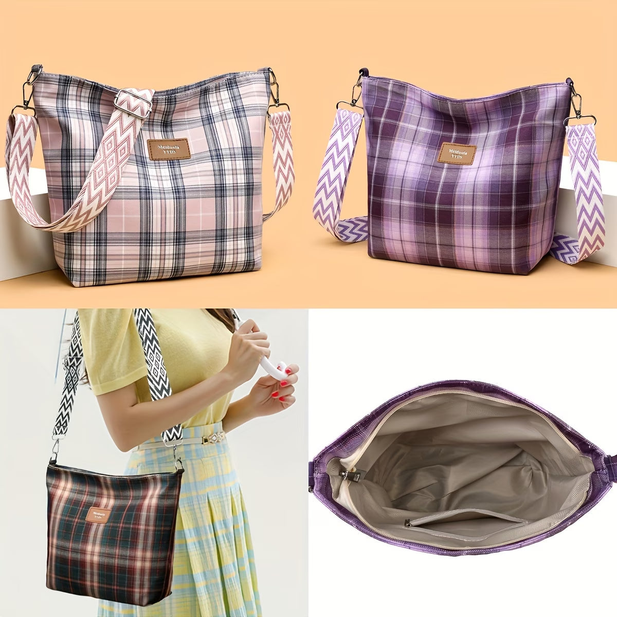Ladies' Leisure Large-capacity Messenger Bag Tote Bag, Plaid Decorative Nylon Cloth with Wide Shoulder Strap,