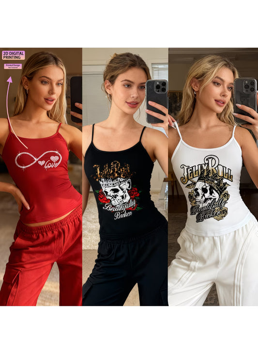 3-Piece Crown Skull, Slogan & Heart Infinity Rhinestone Print Summer Set