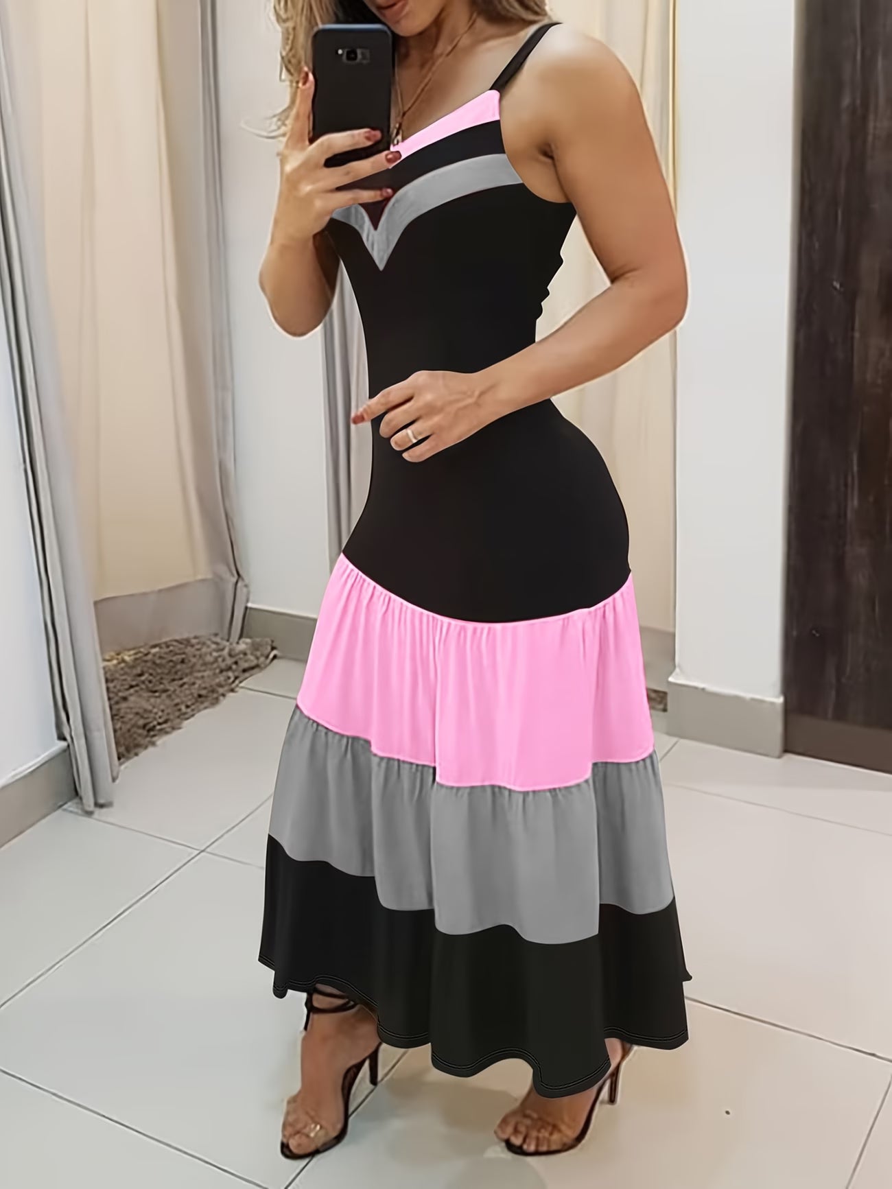 Dress - Spaghetti Strap - Color-Blocking