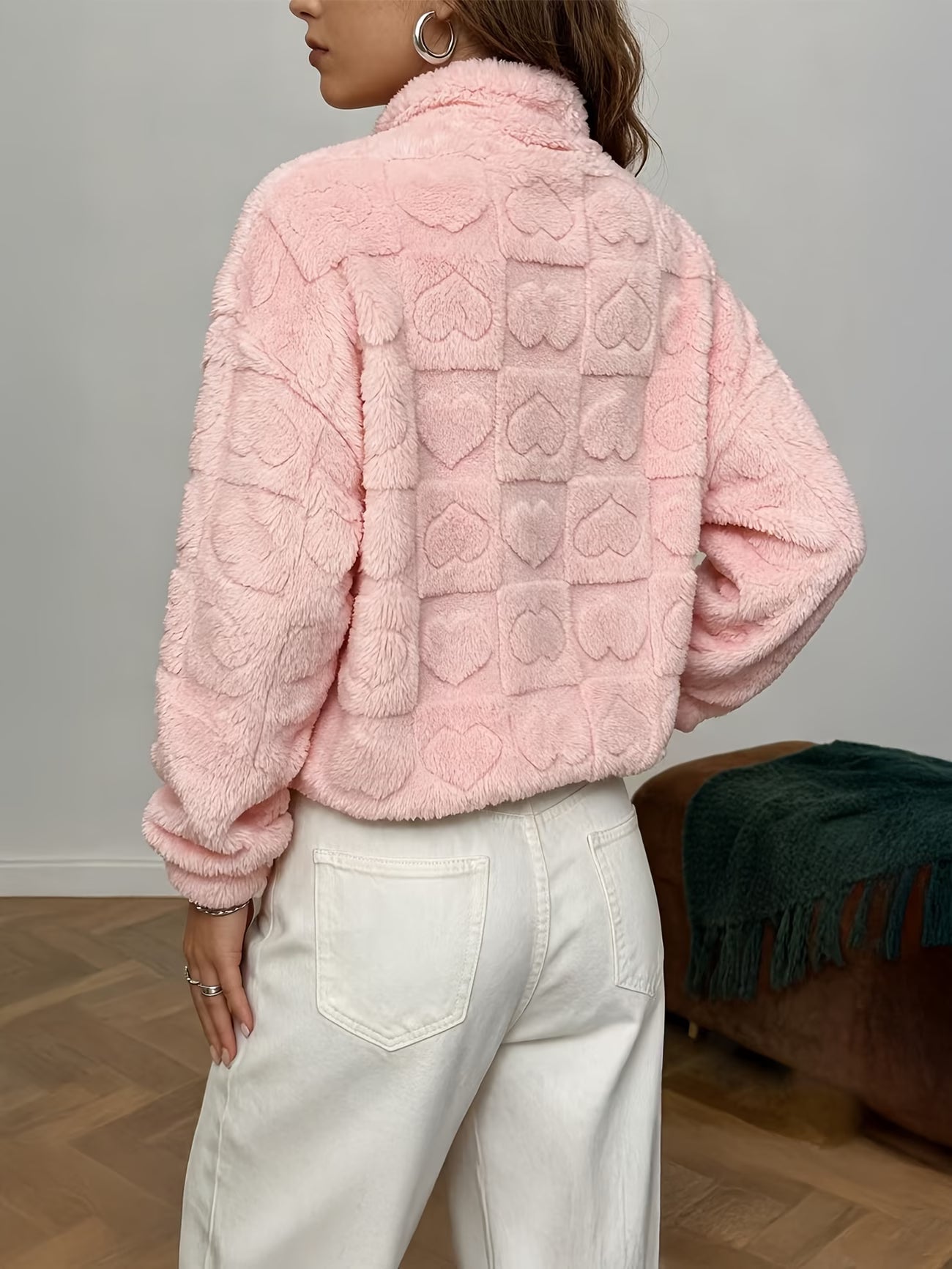 Women's Elegant High Stand Collar Plush Jacket – Cosy Warm Blazer for Home & Layering
