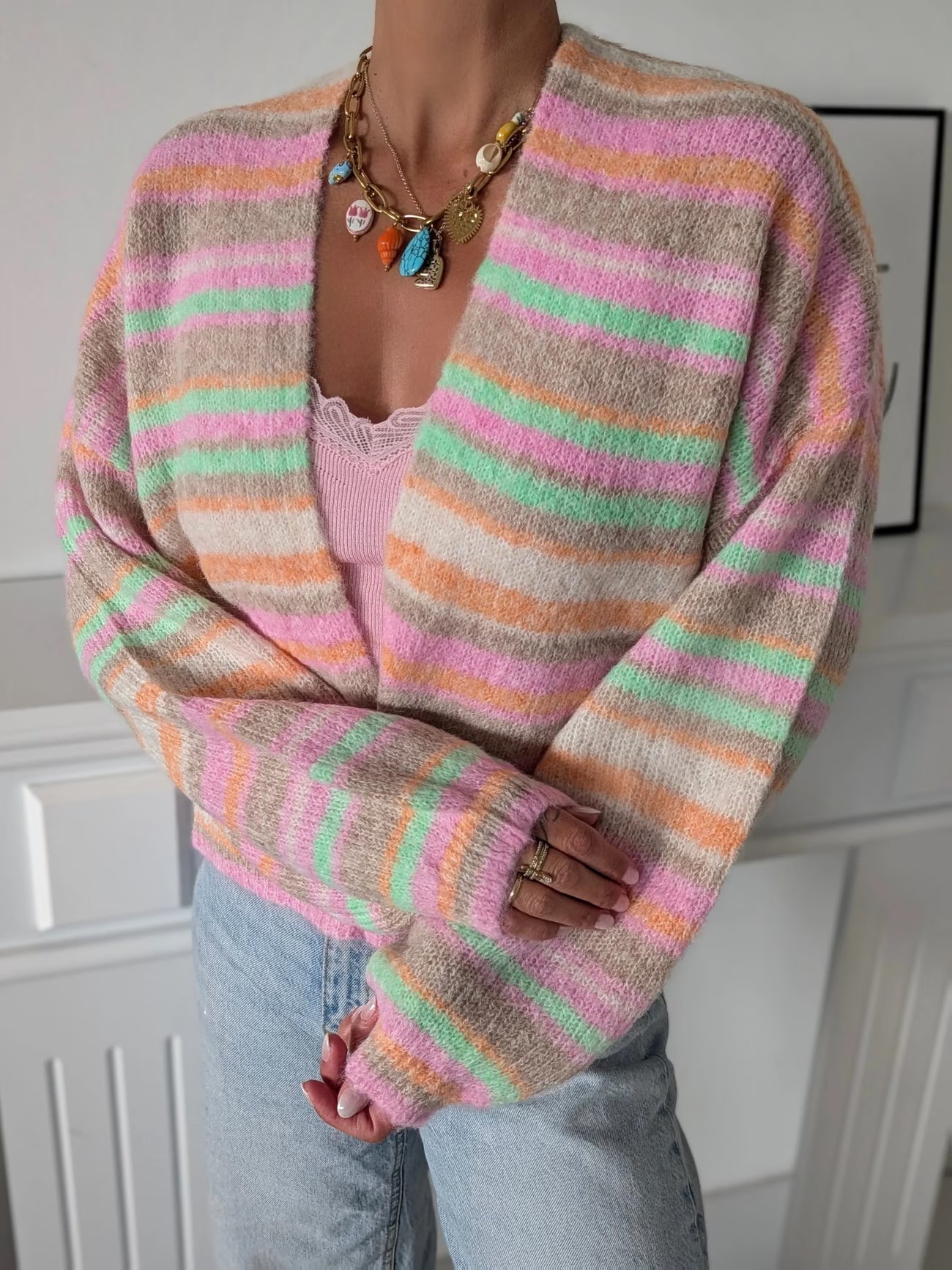 Women's Casual Striped Open-Front Cardigan