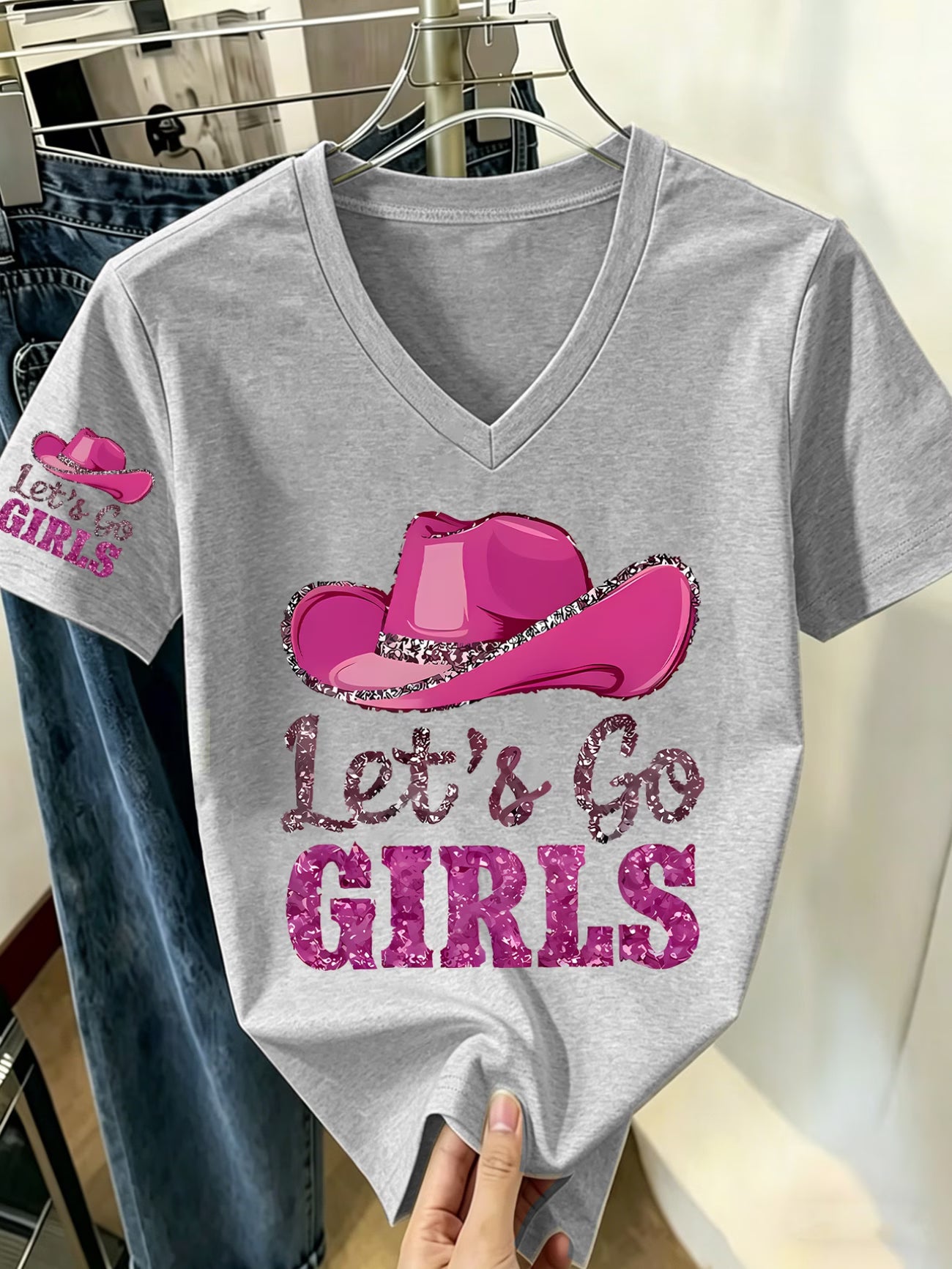 Summer V-Neck T-Shirt | Denim Hat Pattern Print | 'Let's Go' Slogan