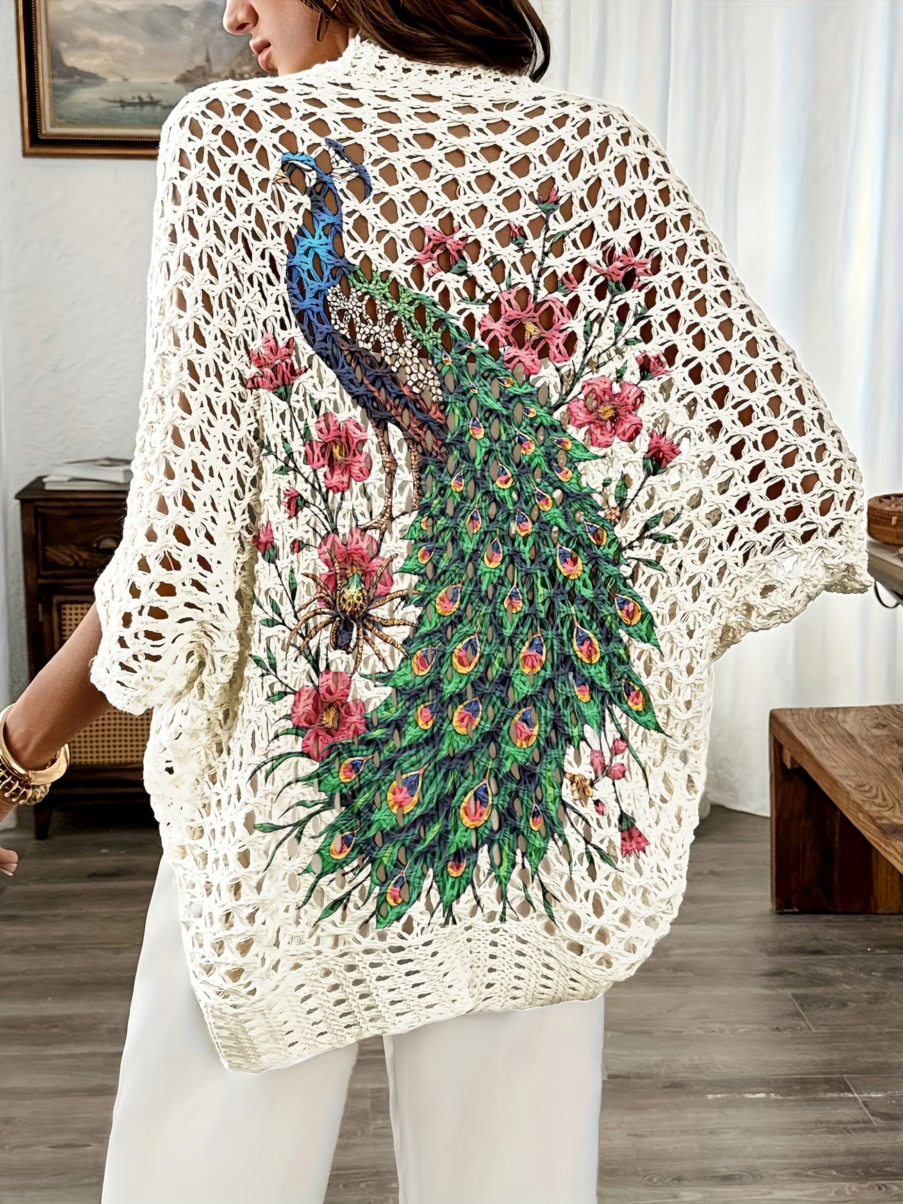 Women's V-Neck Hollow Cardigan | Retro Peacock Floral Knitwear