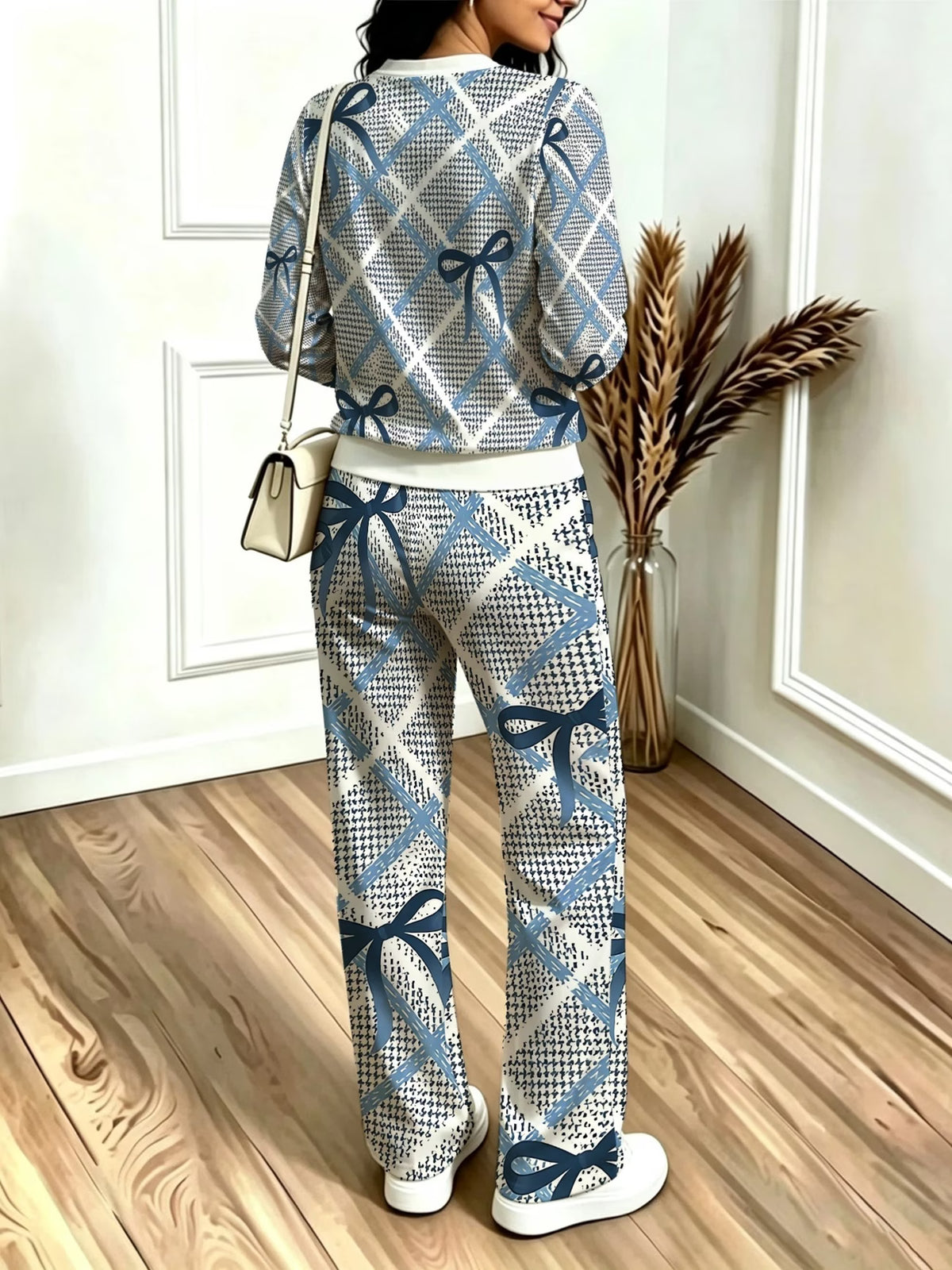 Women's Houndstooth Bow Print Long-Sleeve Sweatshirt Set