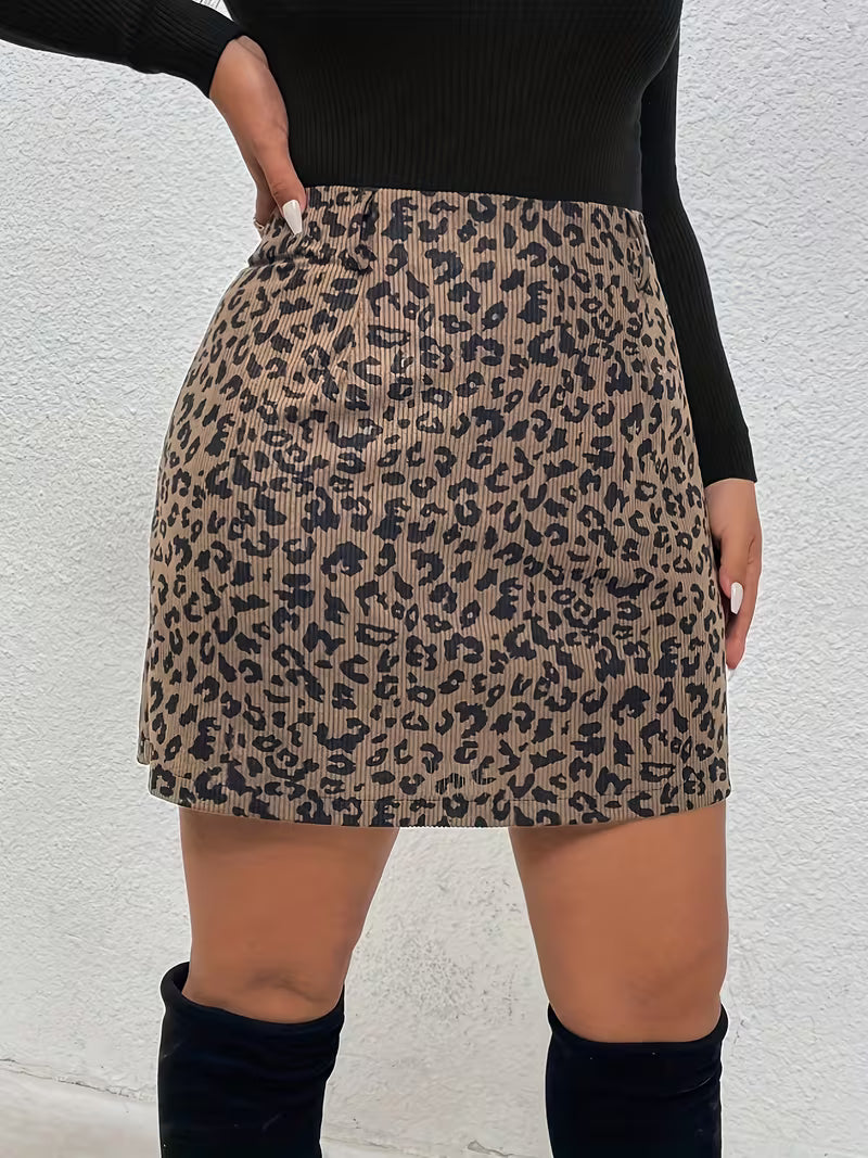 Leopard Print Corduroy Mini Skirt for Women