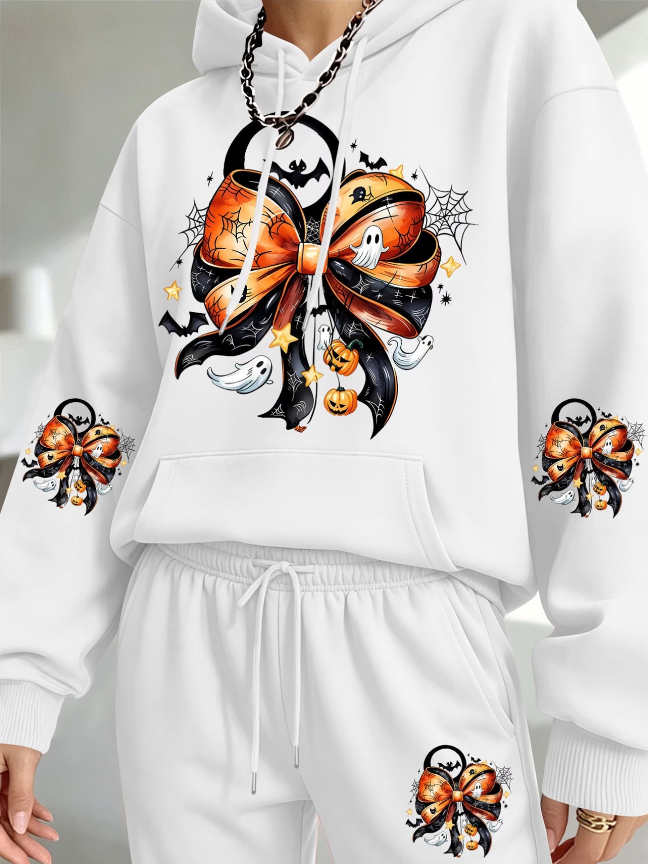 Halloween Pumpkin & Bow Print Hooded Sweatshirt & Sweatpants Set