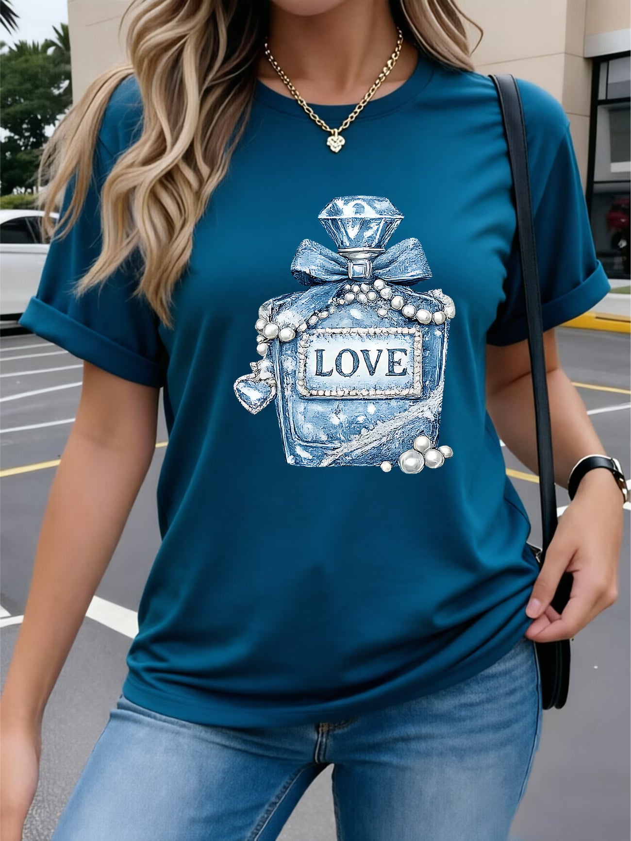 Denim Pearl Bow Heart T-Shirt Denim Fabric