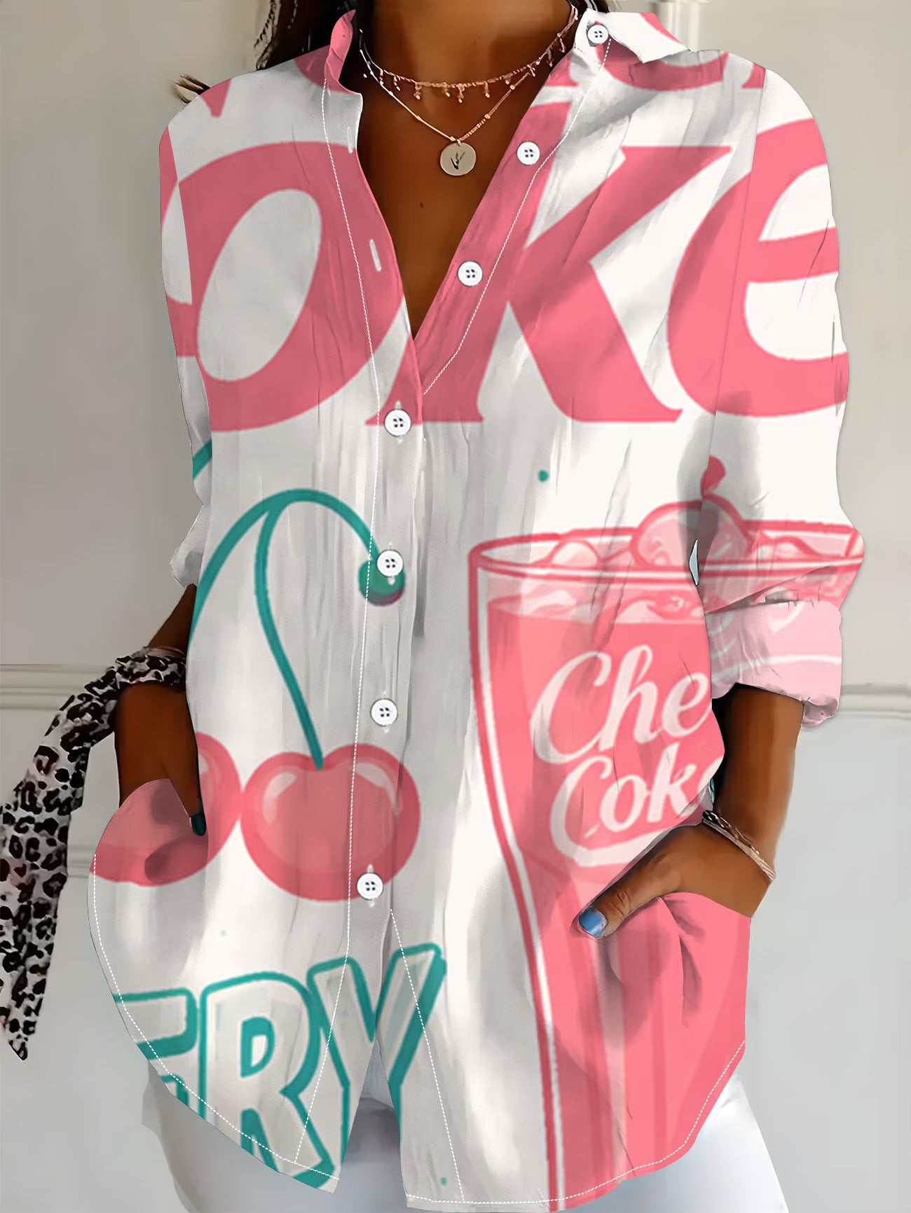 Plus Size Women's Long Sleeve Printed Button-Up Collar Blouse