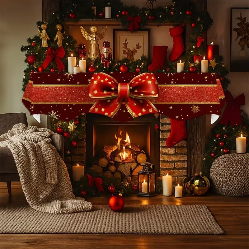 Christmas Fireplace Scarf | Red Gift Box, Bows & Satin Ribbon Design (199.9 x 49.78cm)