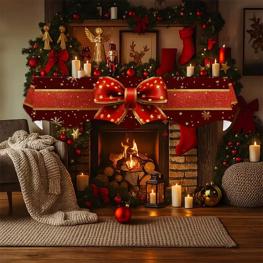 Christmas Fireplace Scarf | Red Gift Box, Bows & Satin Ribbon Design (199.9 x 49.78cm)