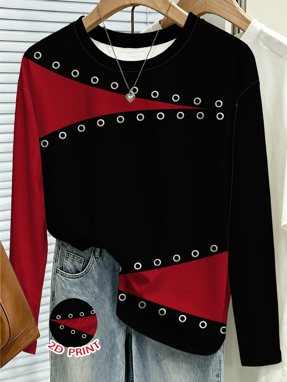 Women's Red & Black Geometric Print Long Sleeve Top