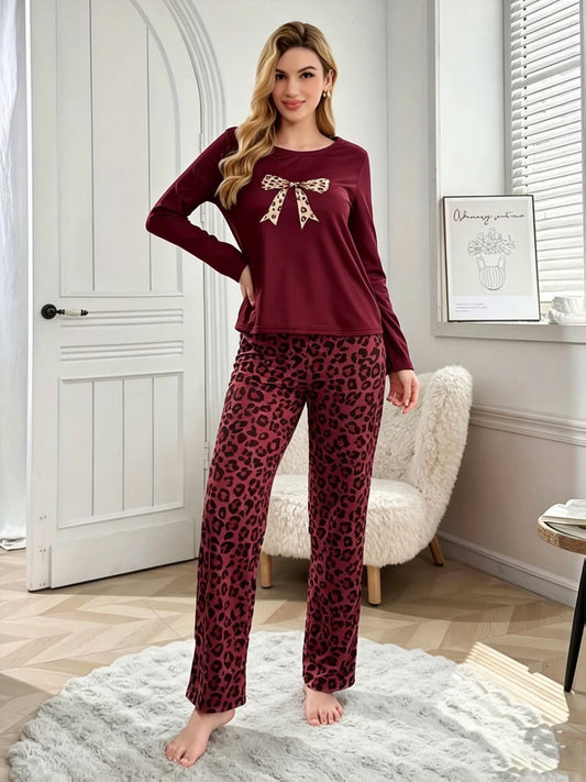 Women's Burgundy Bow & Leopard Print Pyjama Set