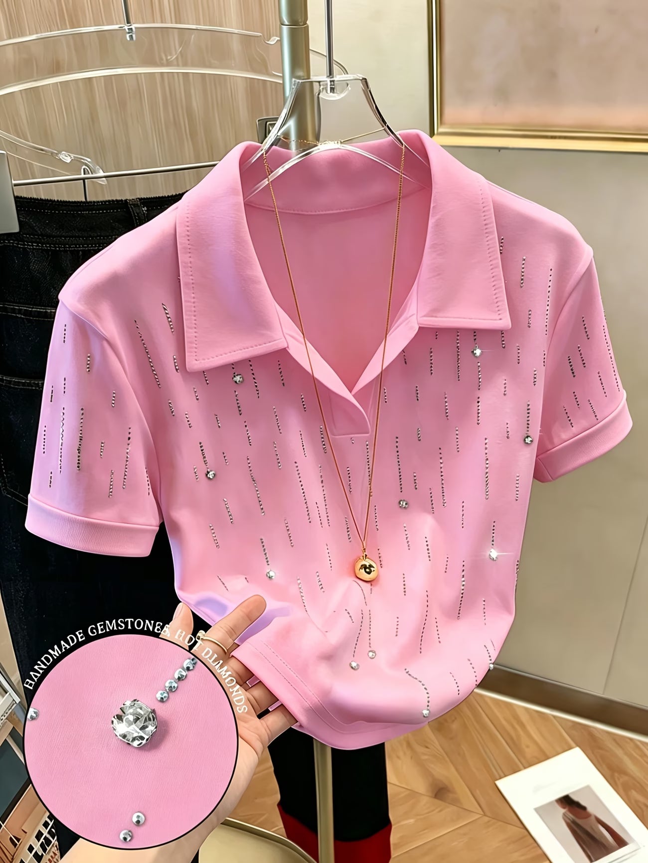 Women's Pink Rhinestone Polo Shirt