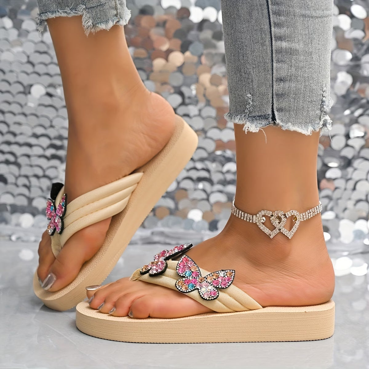 Women's Butterfly & Bow Rhinestone Flat Slip-On Sandals