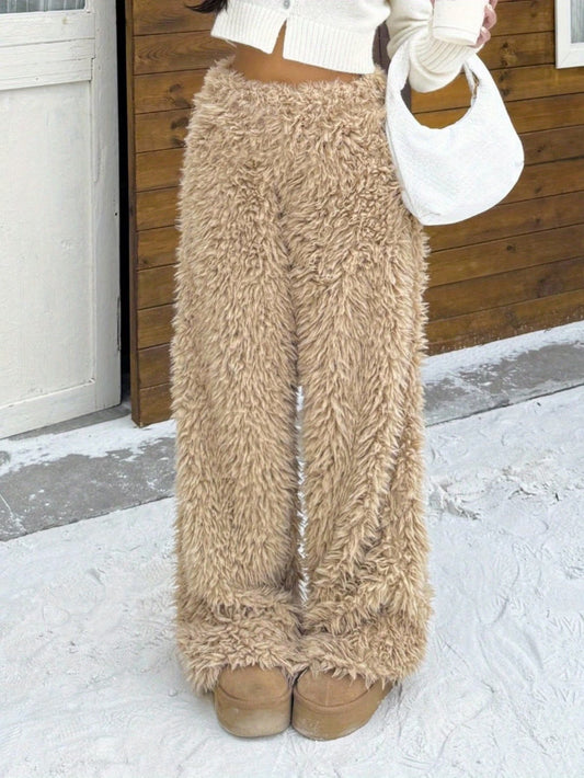 Women's Fluffy Plush Wide-Leg Lounge Trousers