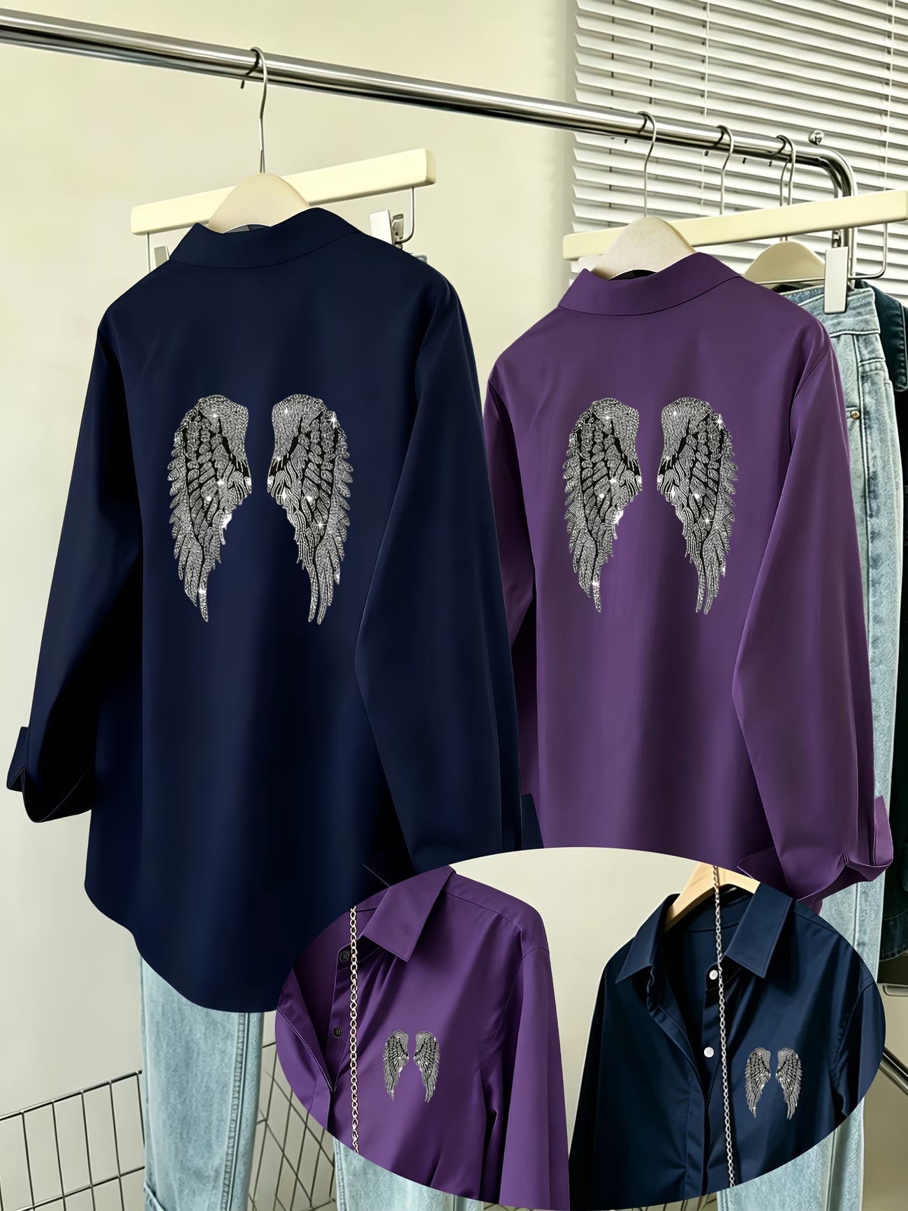 [2-Piece Set] Silvery Glitter Diamond Angel Wings Shirt