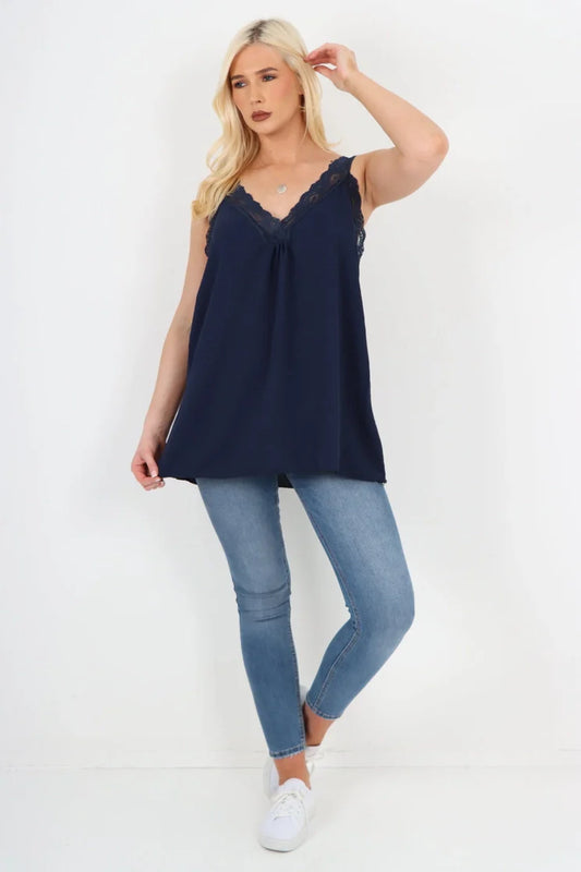 Italian V Neck Lace Detail Vest Top | One Size Fits 8–18 UK