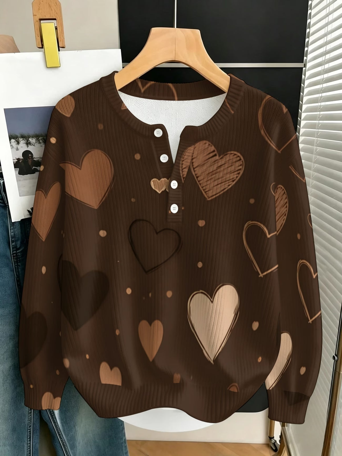 Women's Brown Heart & Cream Dot Print Pullover