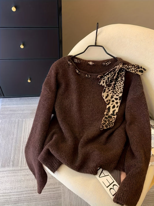 Designer Leopard Print Scarf Bow Round Neck Loose Long Sleeve Sweater