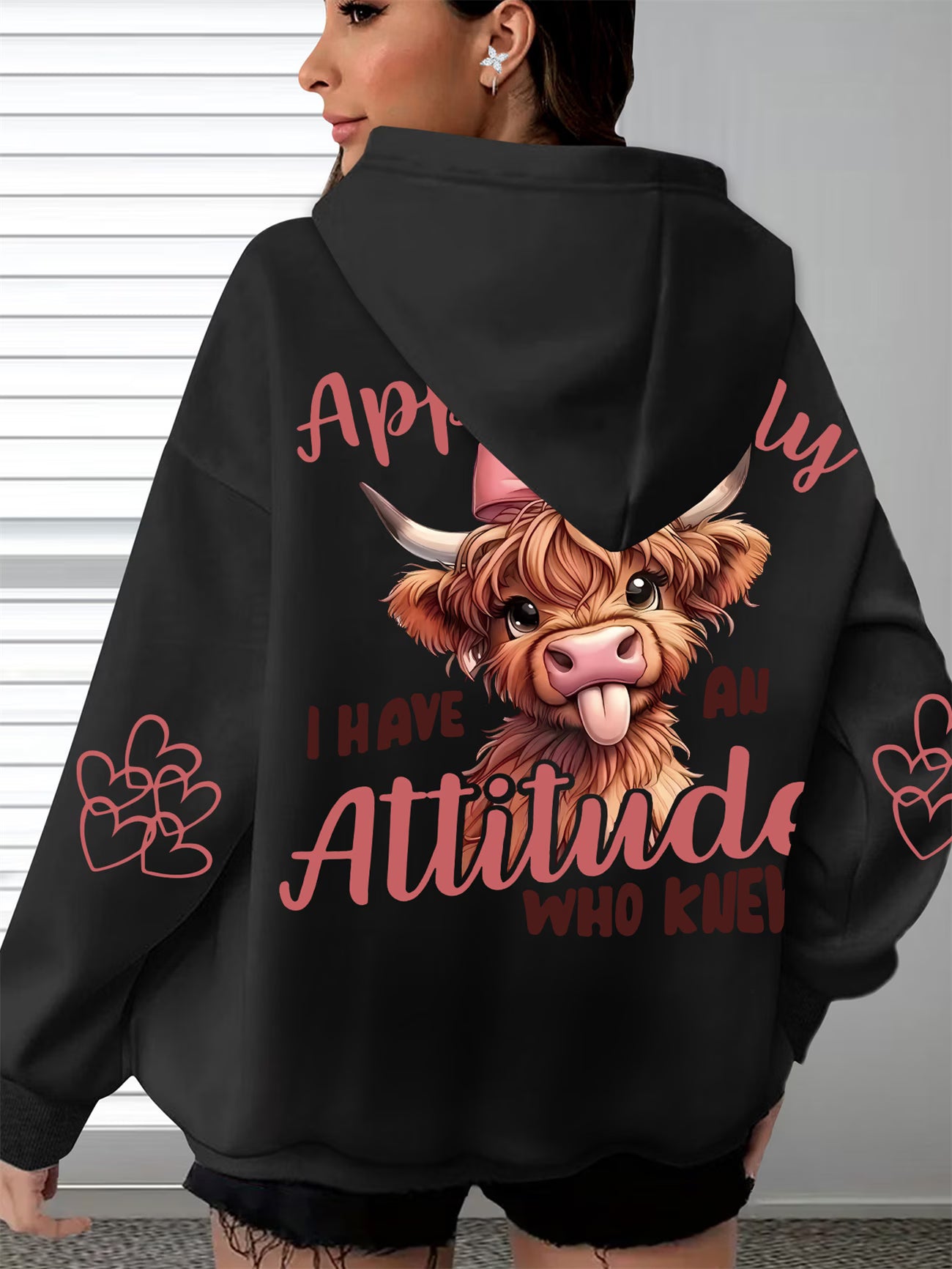 Cow Print 'I Have An Attitude, Who Knew' Women's Soft Casual Long-Sleeve Pocket Top hoodie