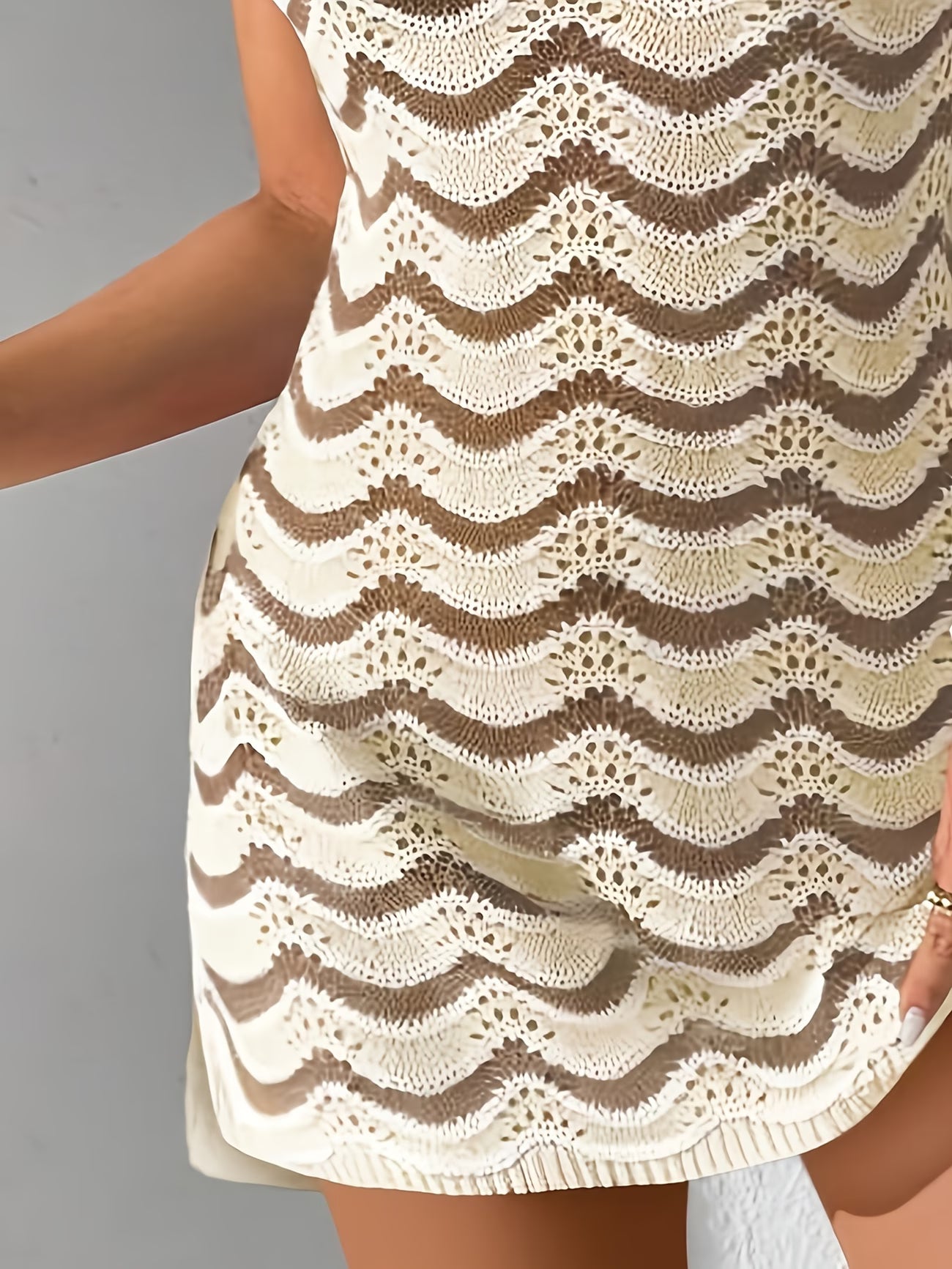 Hollow-Out Spaghetti Strap Dress with Wavy Stripes & Round Neck Cover-Up