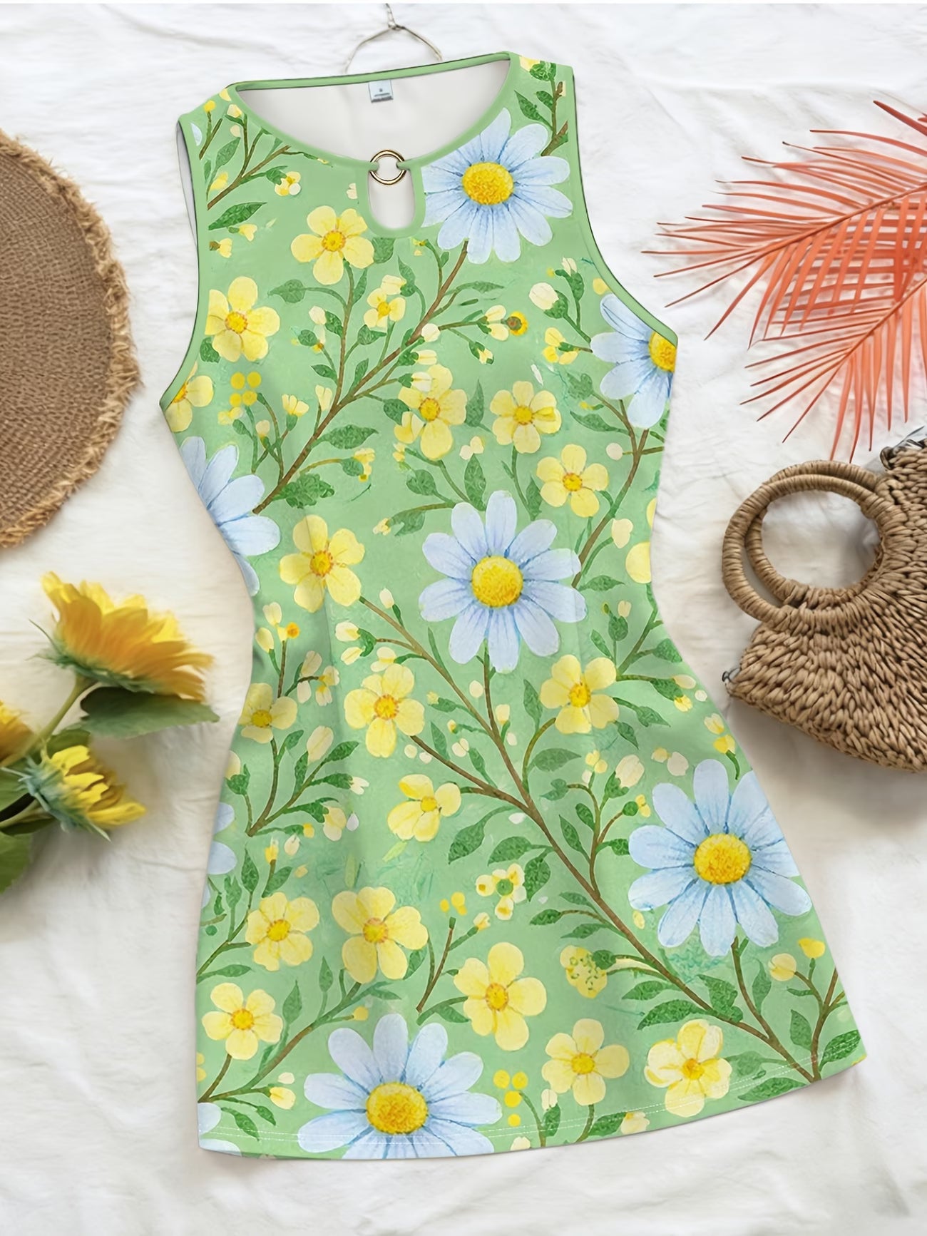 Matcha Green Daisy & Watercolour Floral Branch Sleeveless Dress