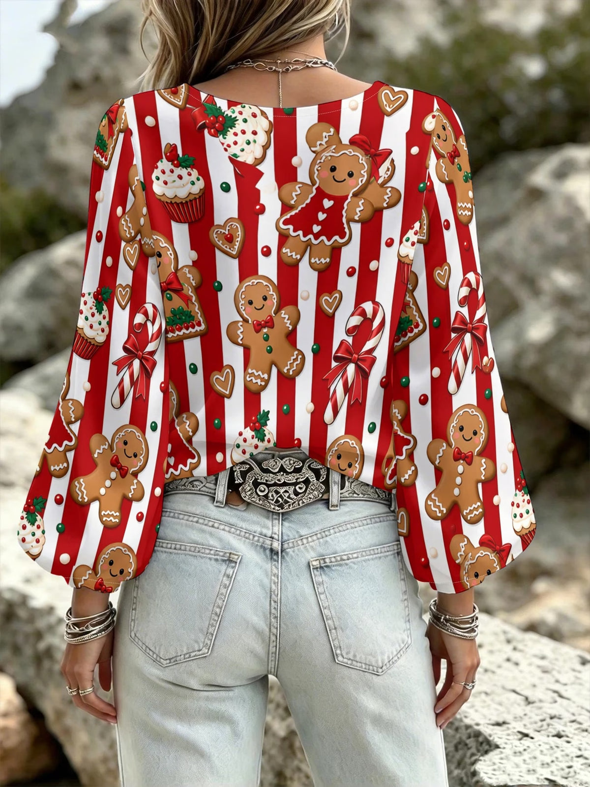 Women's Christmas Gingerbread Print Lantern-Sleeve Top