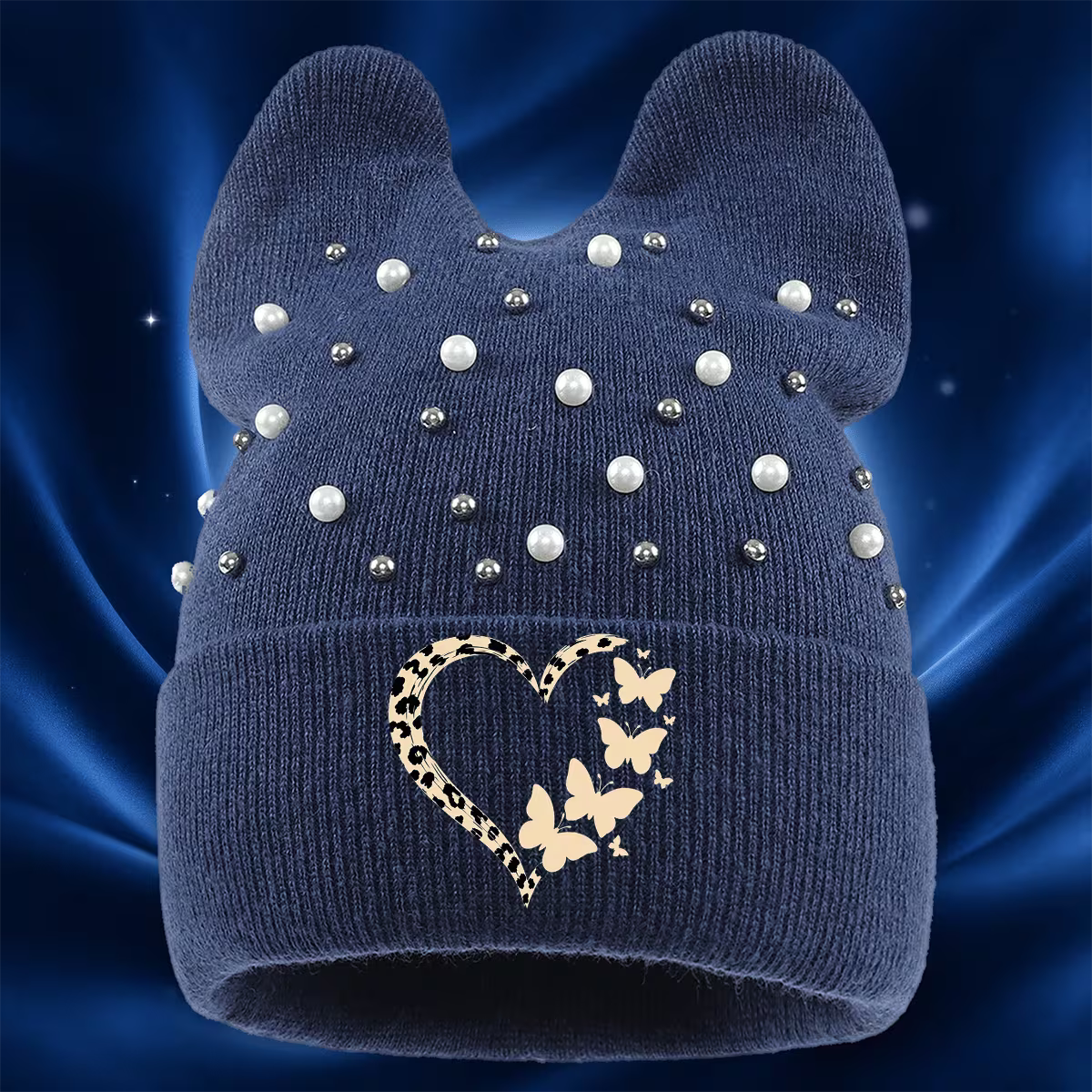 Leopard Print Cat-Ear Beanie with Heart & Butterfly Details