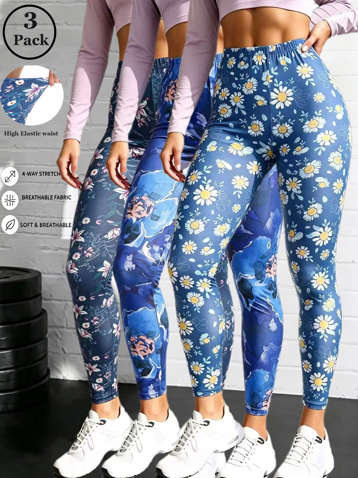 3-Pack Hip Lift Floral Leggings – Lilies, Sunflower & Oil Painting Blue