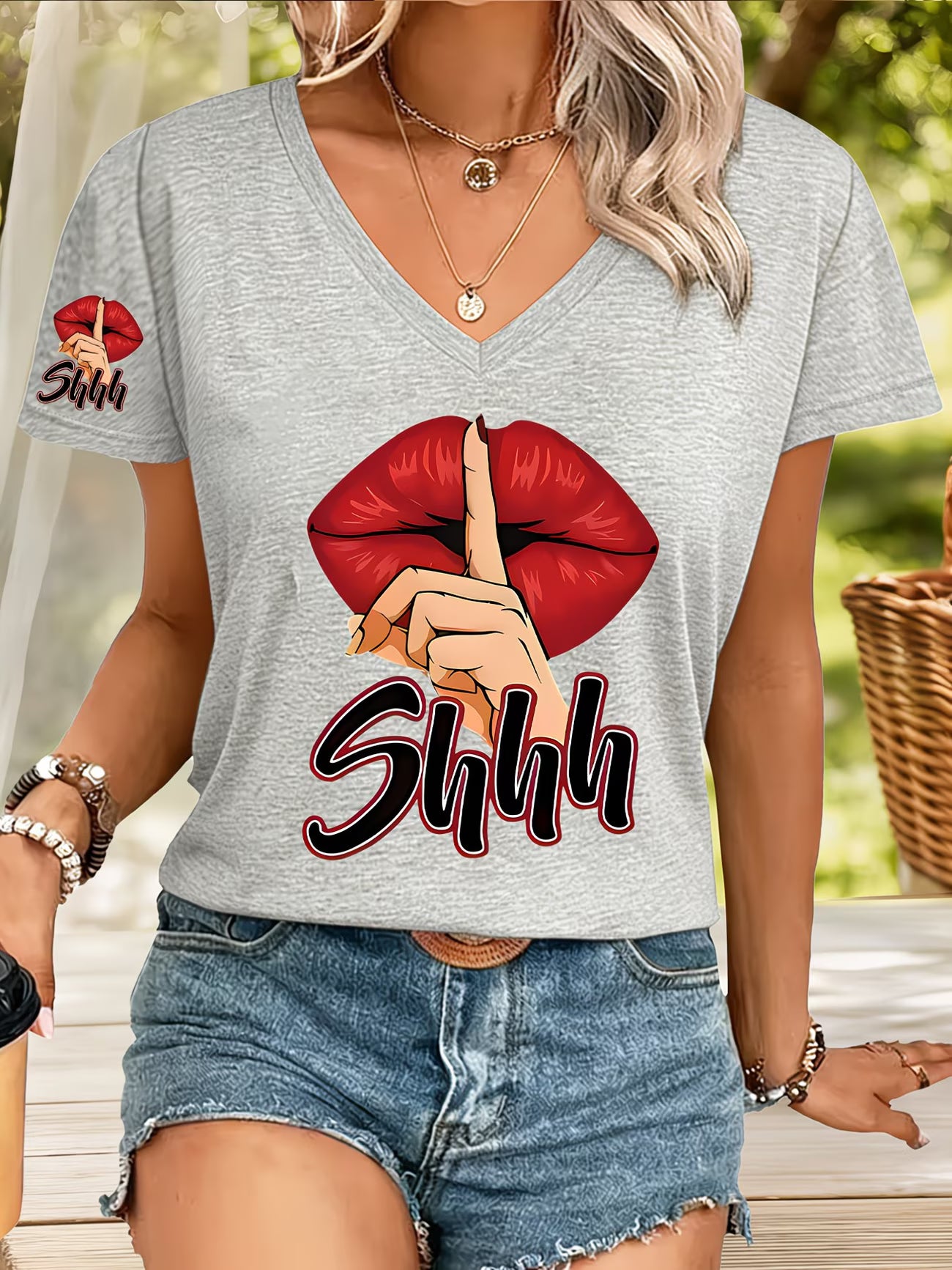 Sexy Lips Print V-Neck Top Featuring a Bold Red Lips Design on the Front