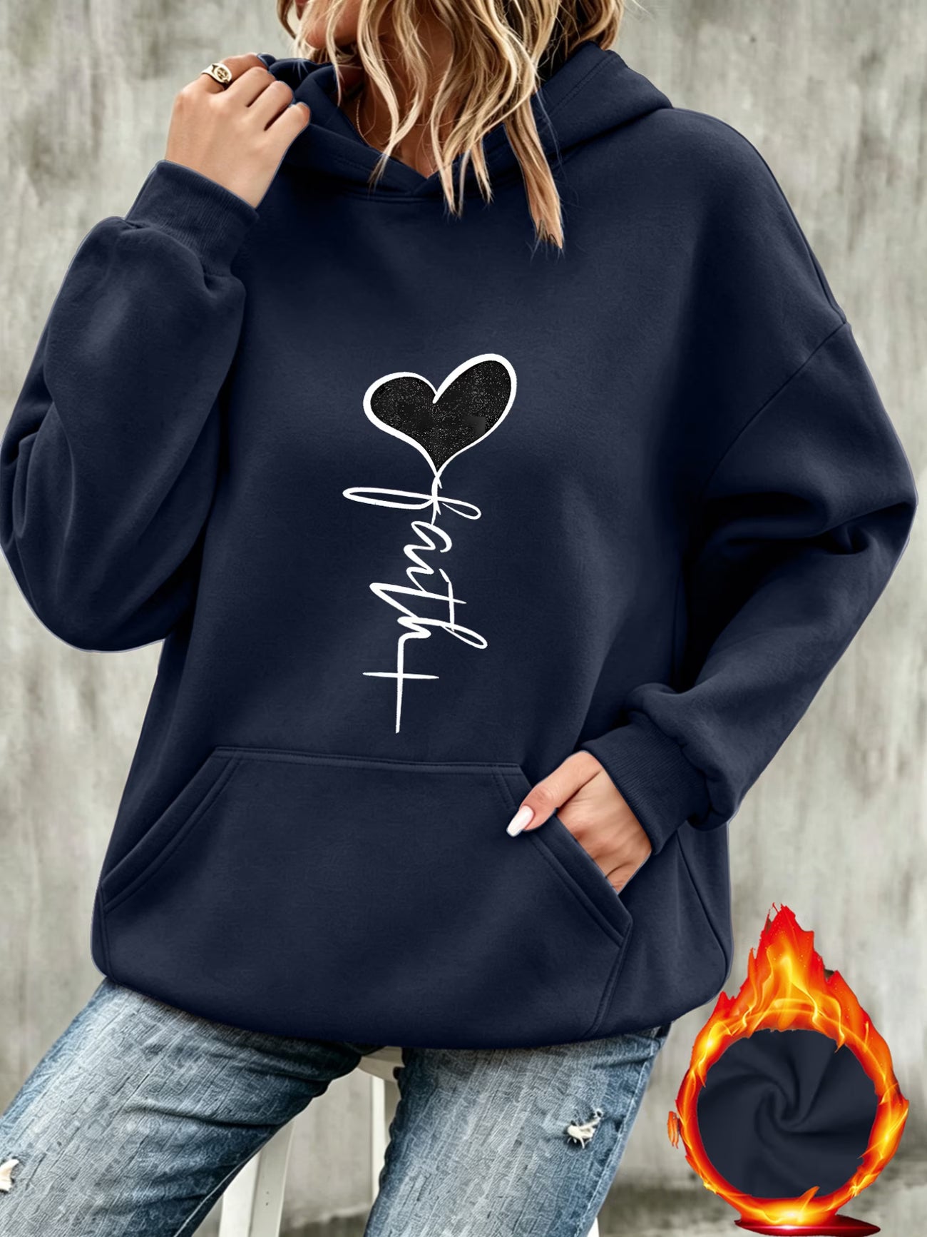 Fashionable Hooded Sweatshirt – Heart Pattern & White Cursive Text