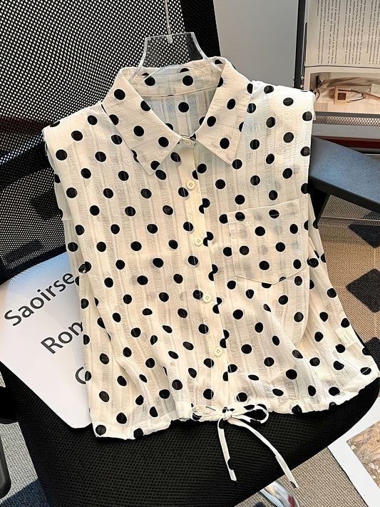 French-Style Round Polka Dot Sleeveless Shirt with Shoulder Pads