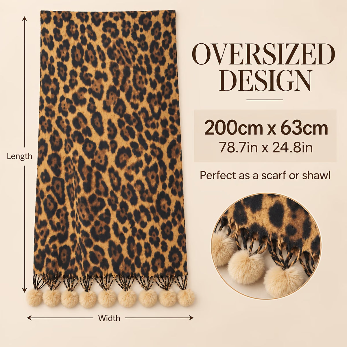 Faux Cashmere Leopard Print Pom-Pom Scarf