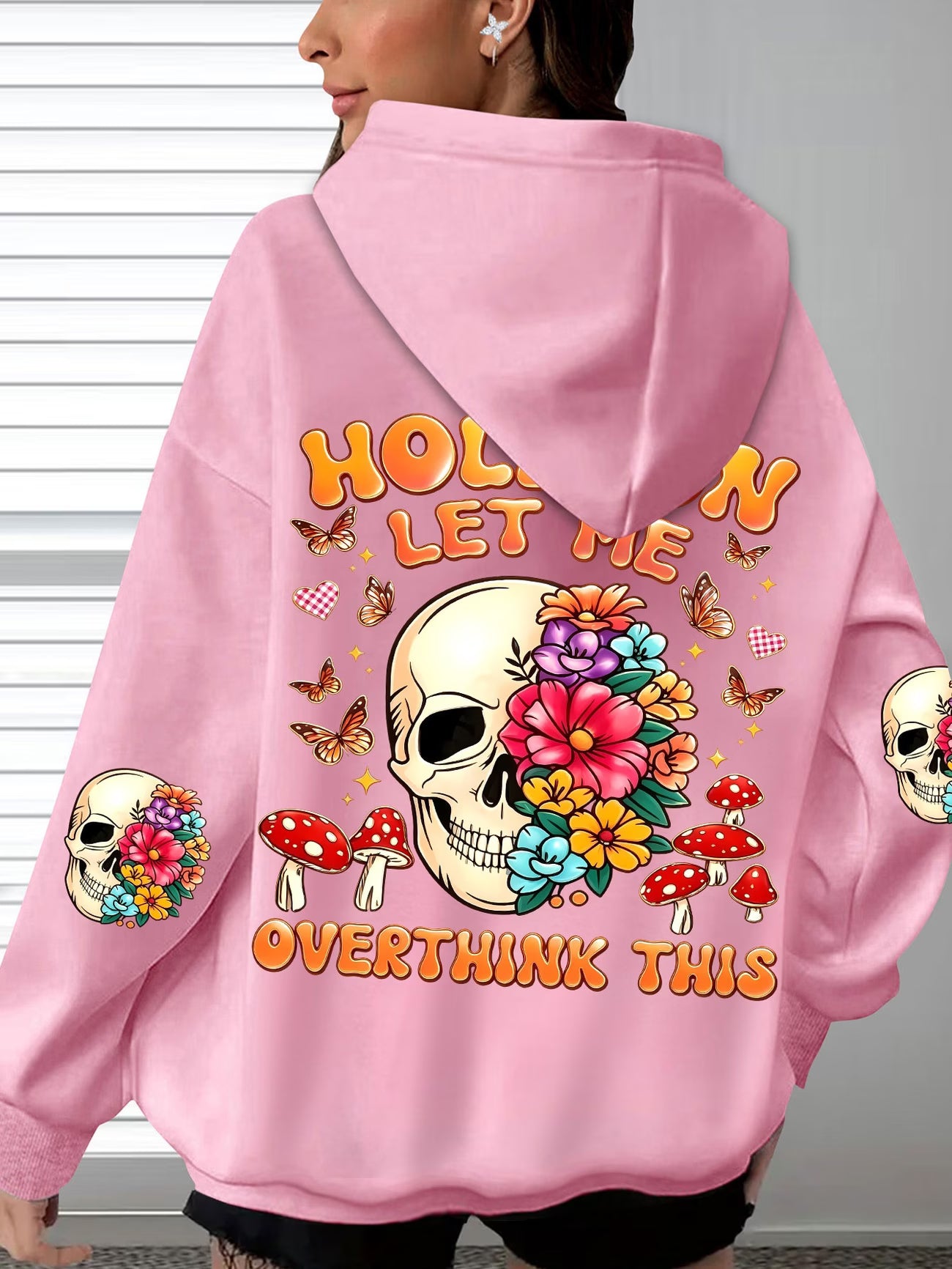 Women's Back Print Hooded Sweatshirt – Vintage Flower, Skull & Mushroom Design