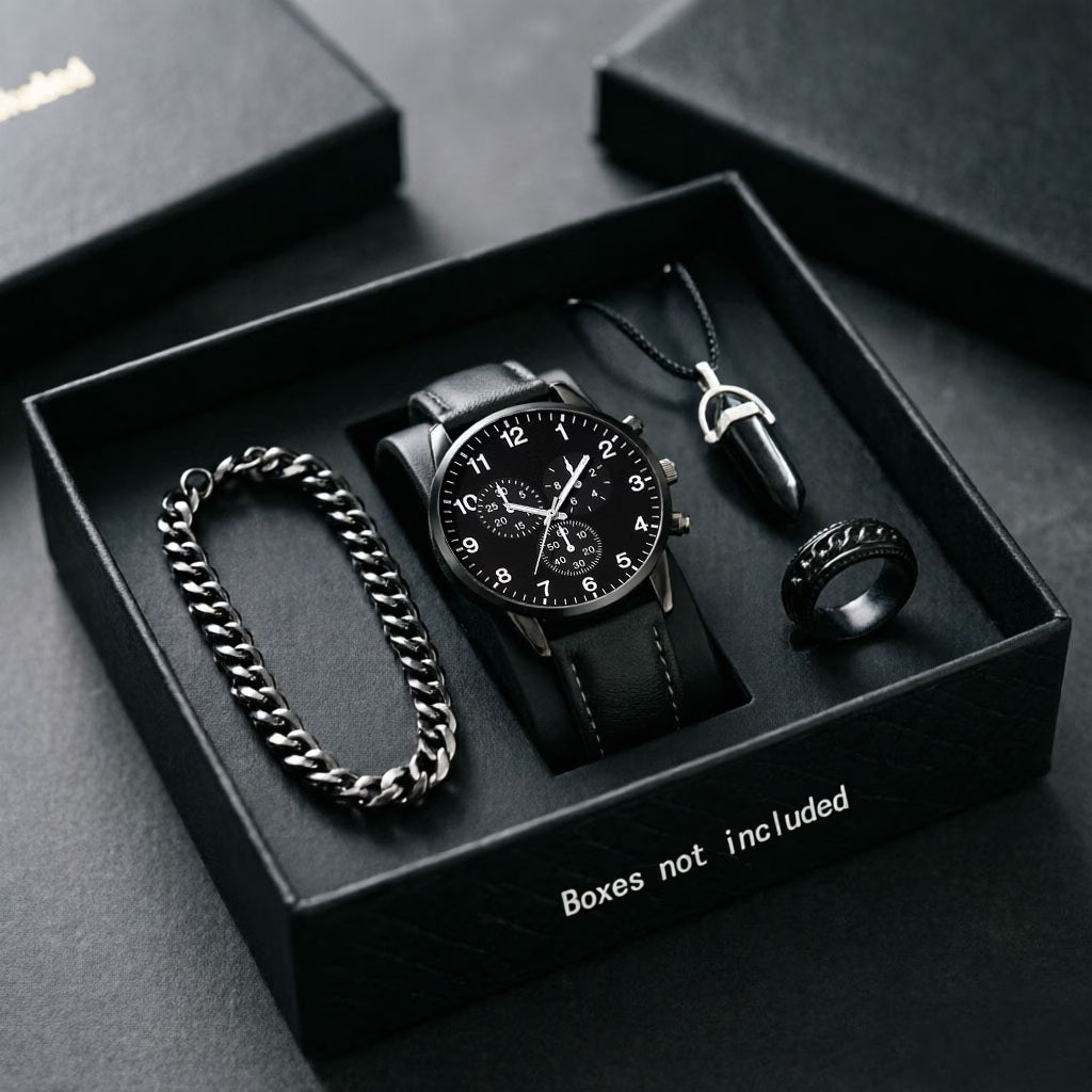 4pcs Men's Minimalist PU Leather Watch & Jewellery Set