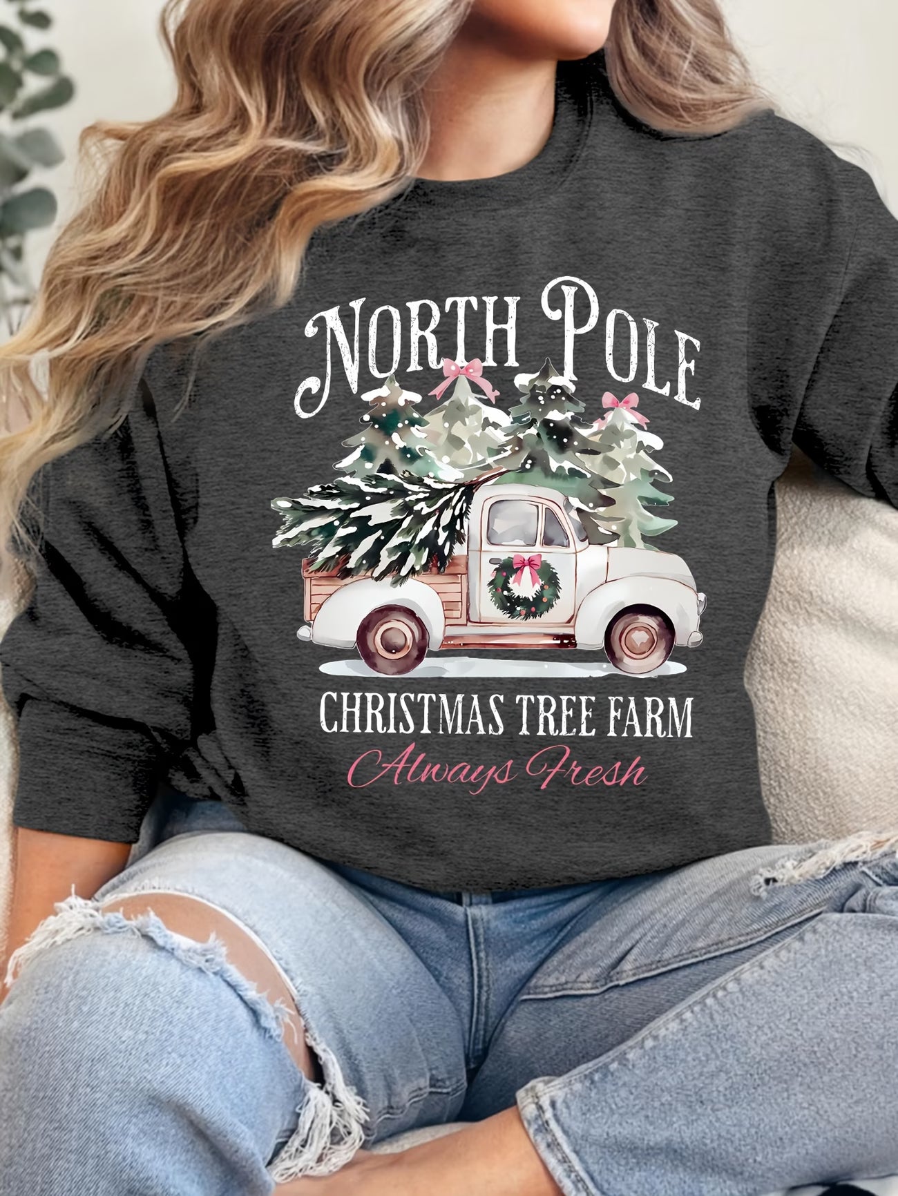 Women's North Pole Christmas Tree Farm Print Sweatshirt