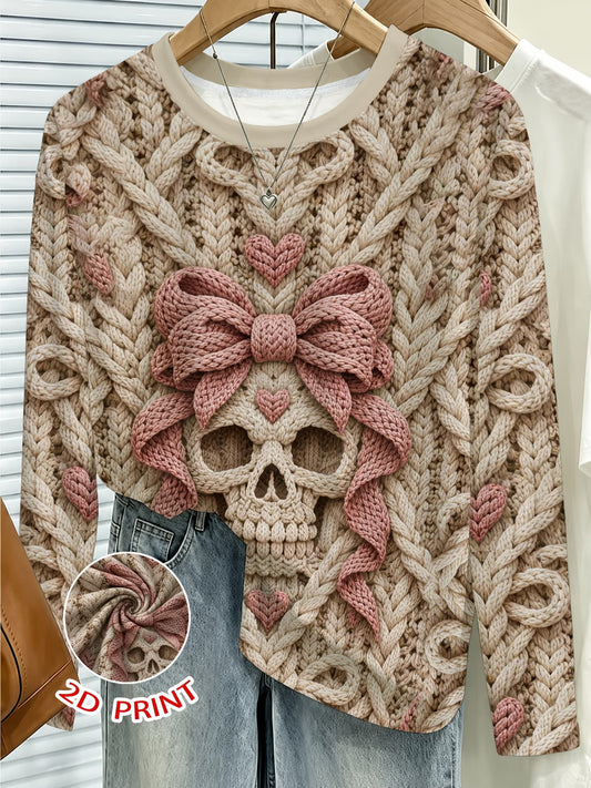 Skull & Bow Print Round Neck Casual Top
