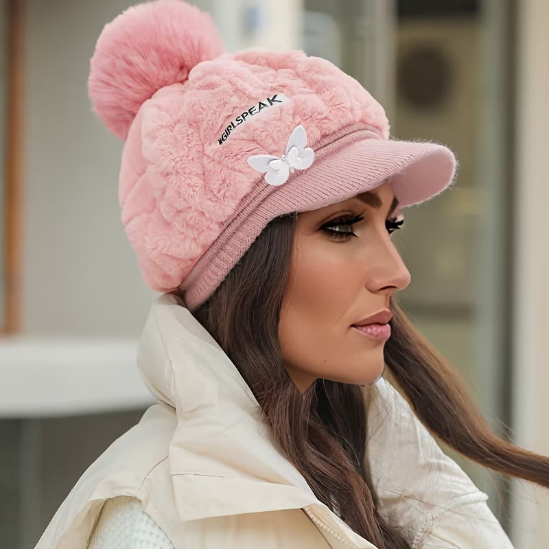 Women's Plush Fleece Duckbill Beanie Hat – Letter & Butterfly Embellishments