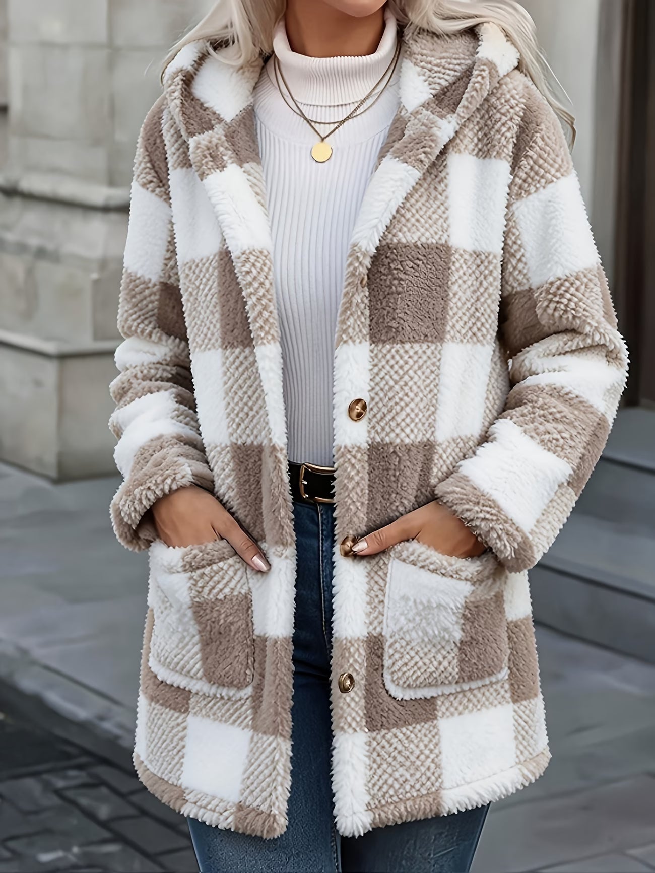 Women's Plaid Faux Hooded Jacket – Button-Up Plush Teddy Fleece with Pockets