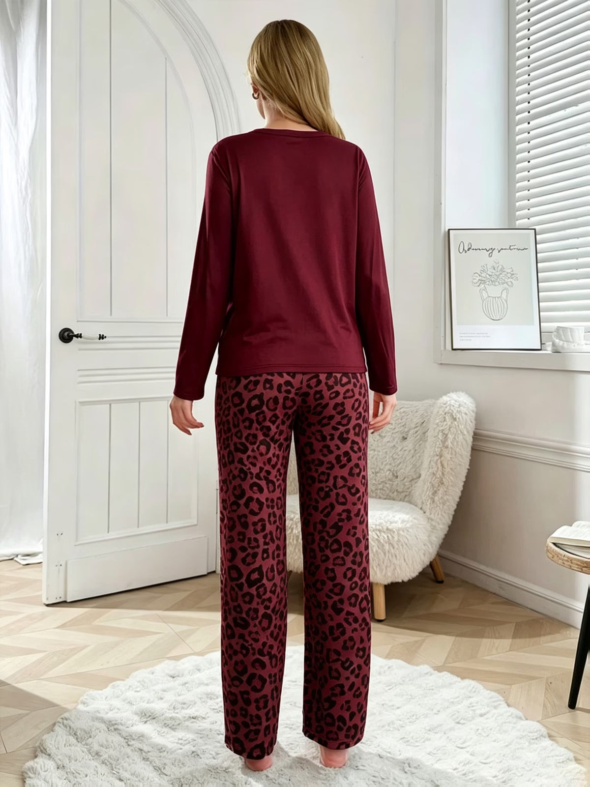 Women's Burgundy Bow & Leopard Print Pyjama Set