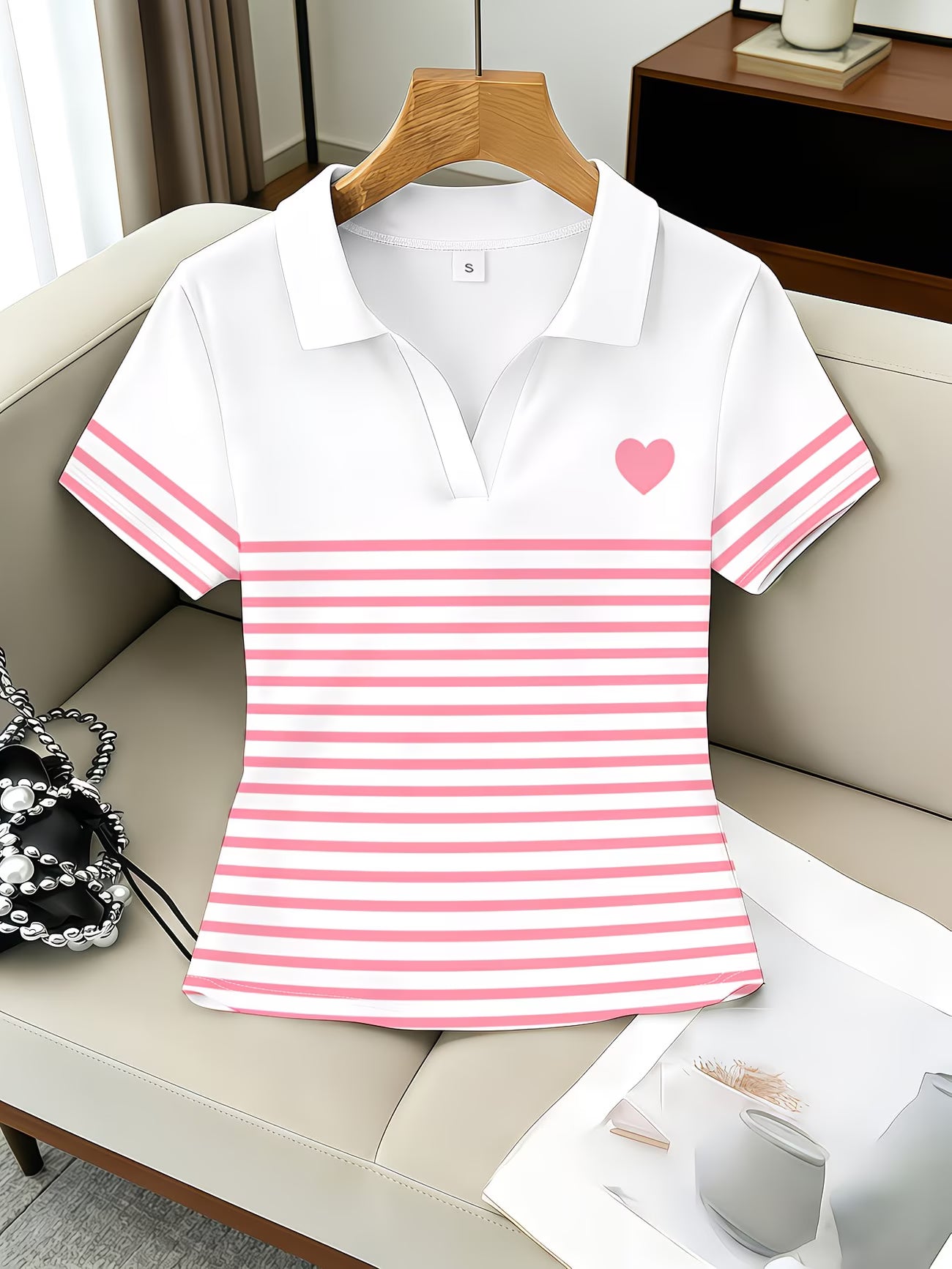 Heart Print Slim Fit V-Neck Short Sleeve Top