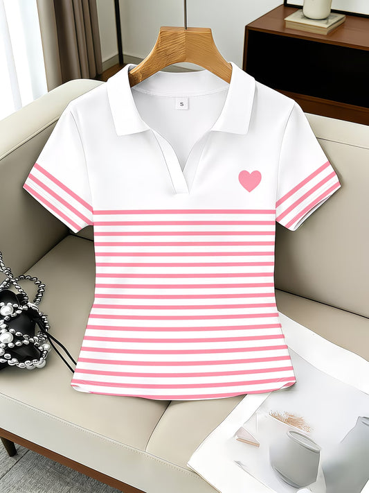 Heart Print Slim Fit V-Neck Short Sleeve Top