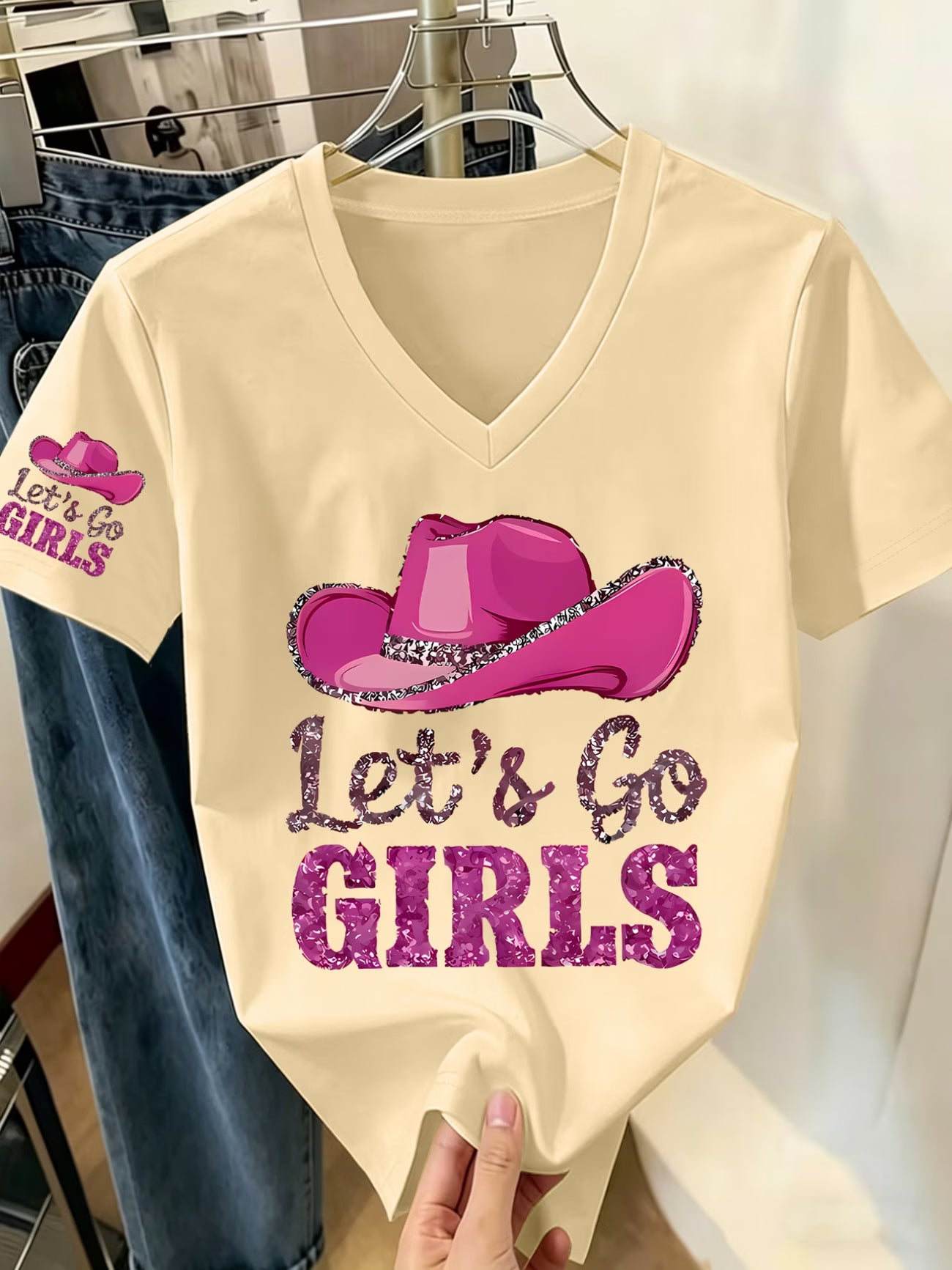 Summer V-Neck T-Shirt | Denim Hat Pattern Print | 'Let's Go' Slogan