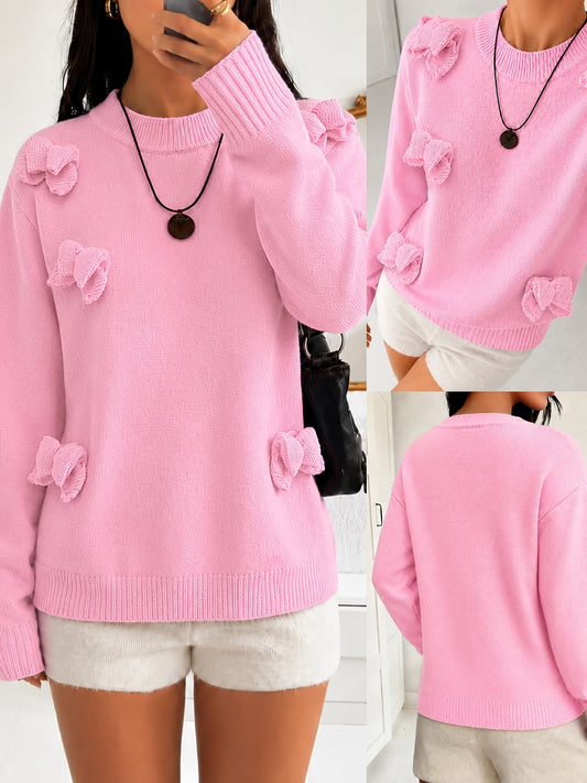 Triple Bow Detail Stretch Crew Neck Sweater