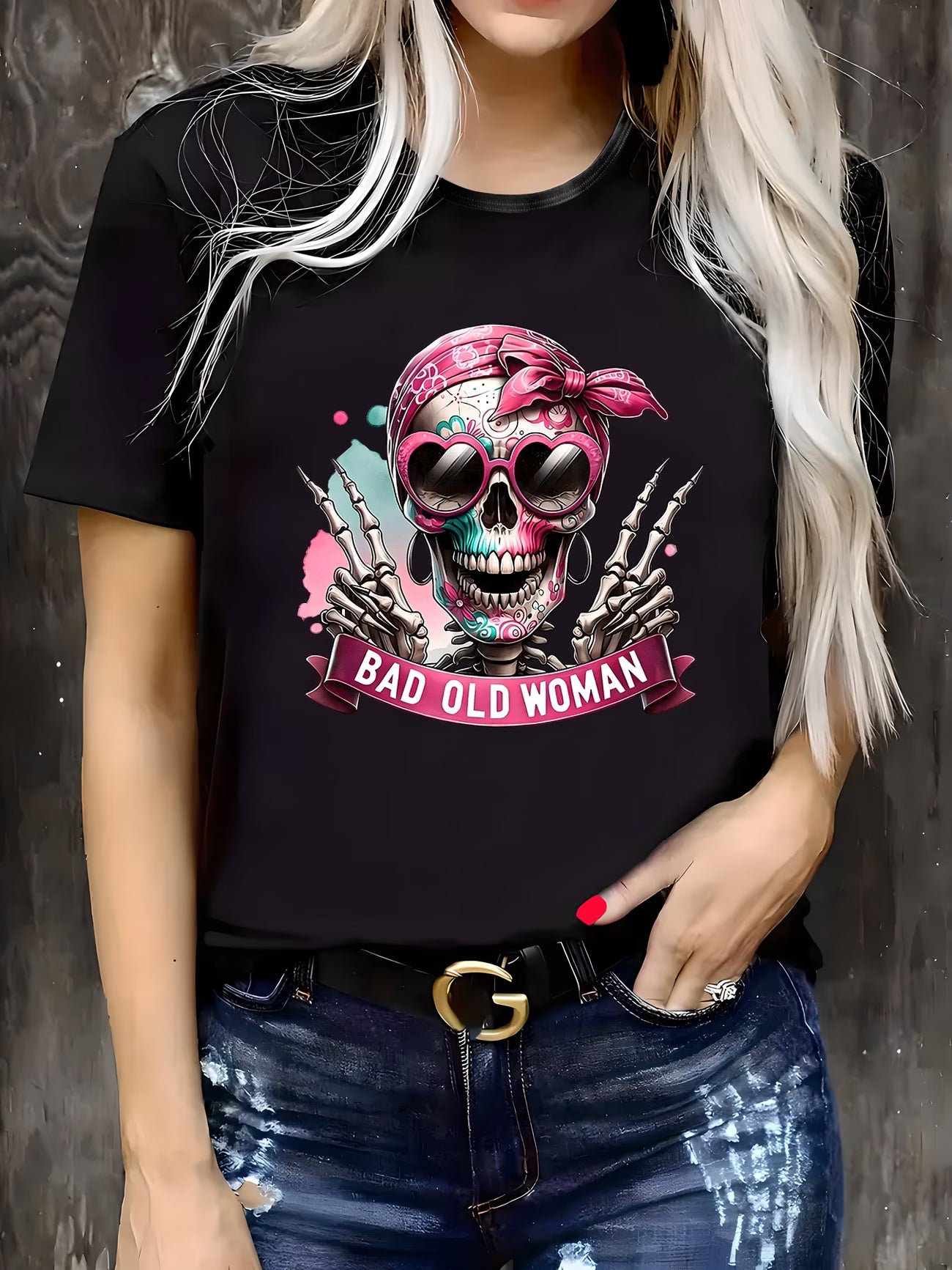 Women's Black Geometric Skull Graphic T-Shirt – Soft Stretch Streetwear
